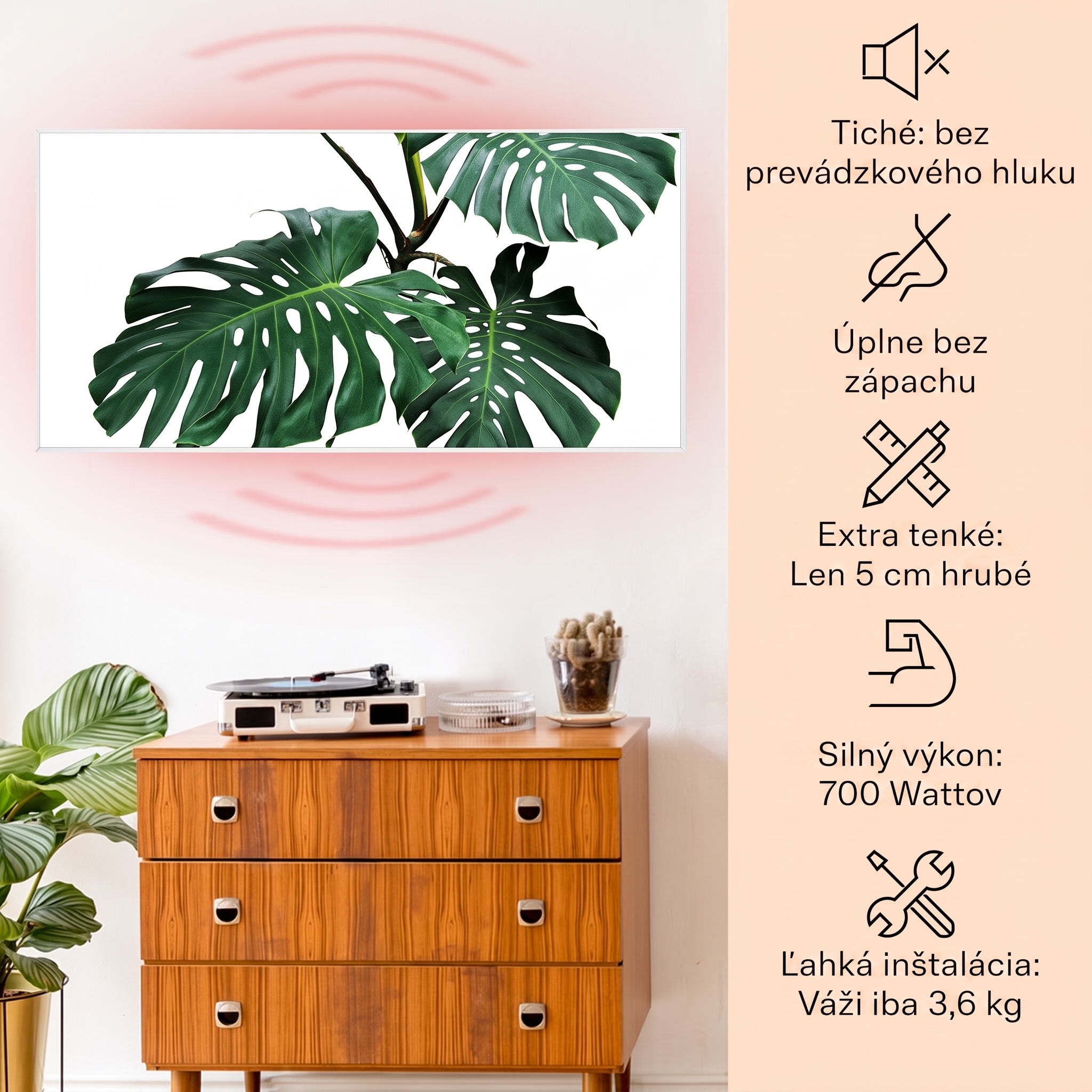 Klarstein Wonderwall Air Art Smart, infračervený ohrievač, 120 x 60 cm, 700 W, zelený list – Obrázok 2
