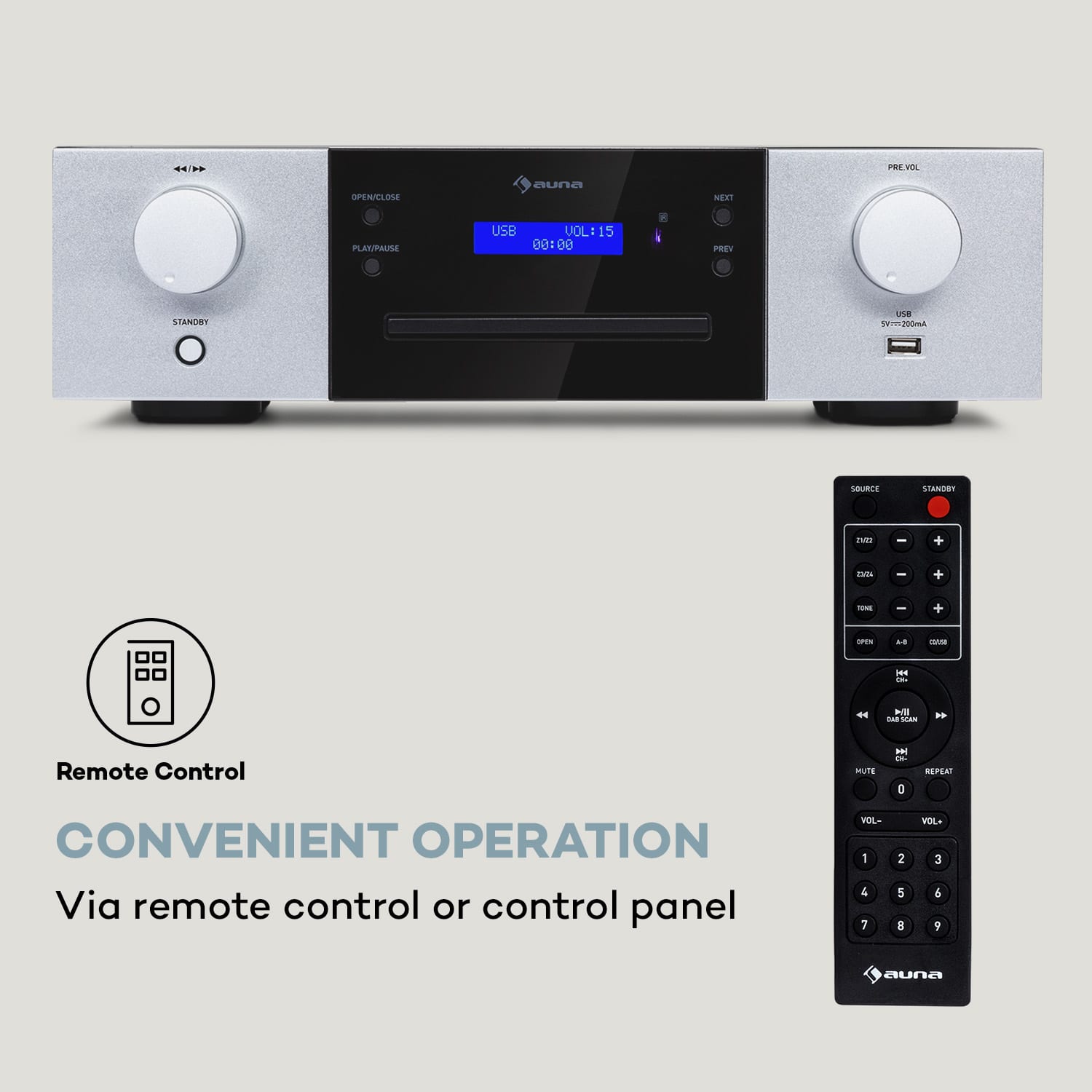 Auna CD-1000 DG, CD Prehrávač, USB, MP3, diaľkové ovládanie, LED displej, hliník – Obrázok 3