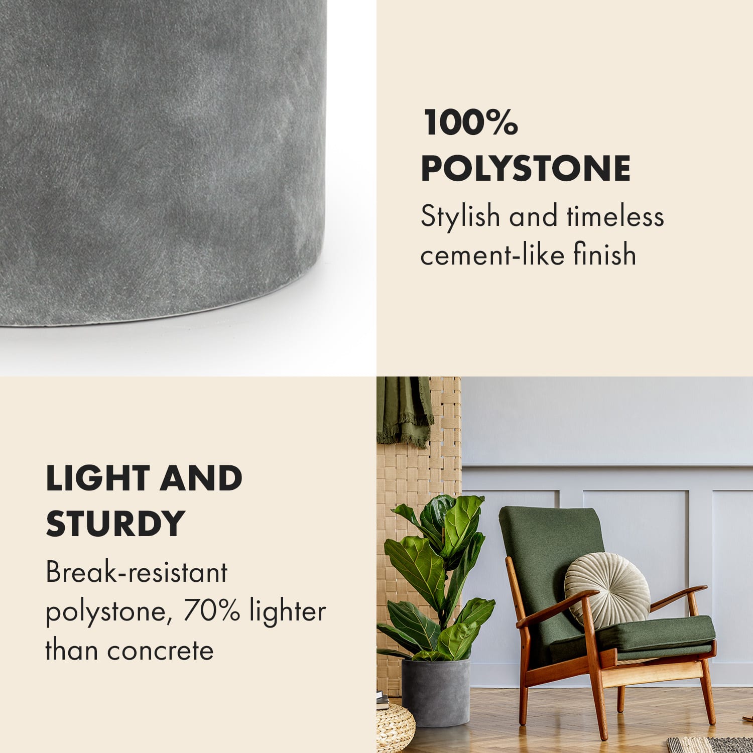 Fox & Fern Venlo, kvetináč, Polystone, interiér a exteriér, 3 veľkosti – Obrázok 3