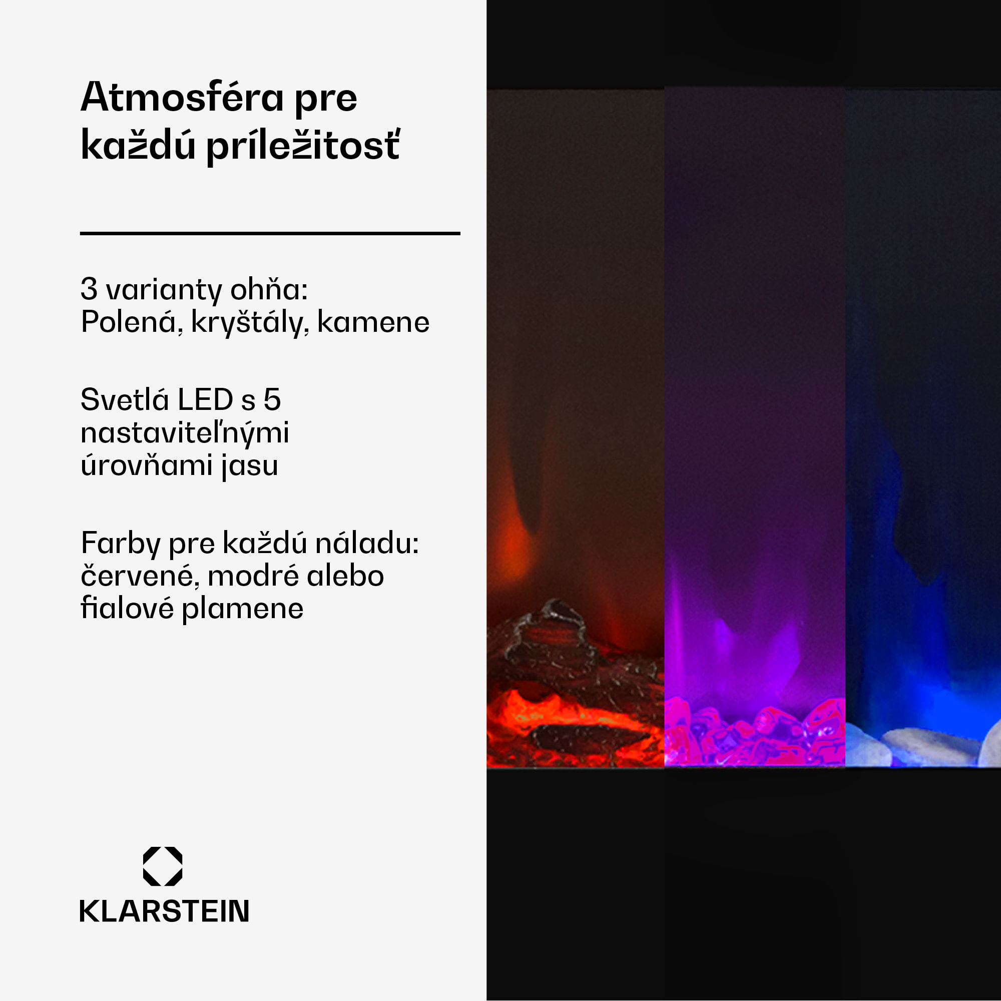 Klarstein Galeras, elektrický nástenný a vstavaný krb, 1800 W, LED, 3 farby, časovač – Obrázok 4