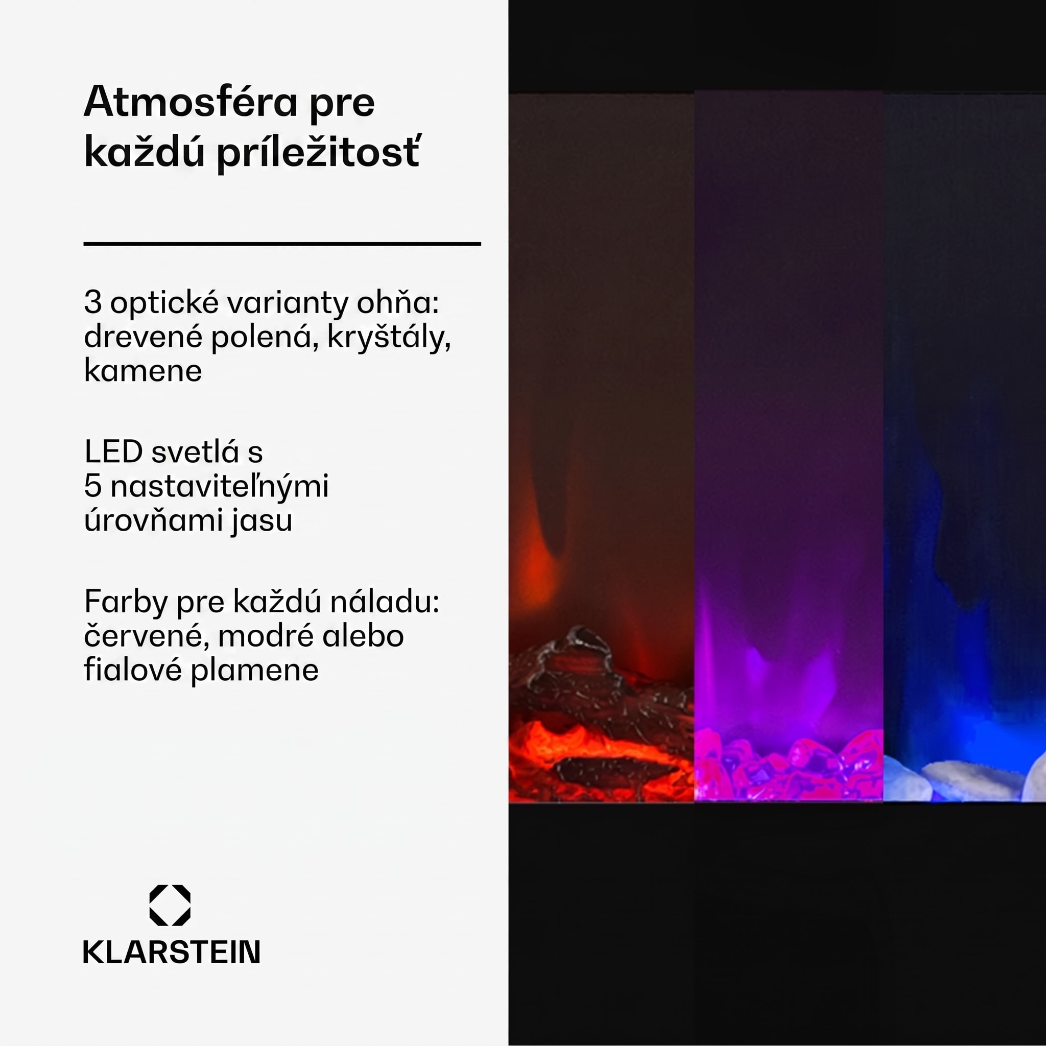 Klarstein Galeras, elektrický nástenný a vstavaný krb, 1800 W, LED, 3 farby, časovač – Obrázok 4