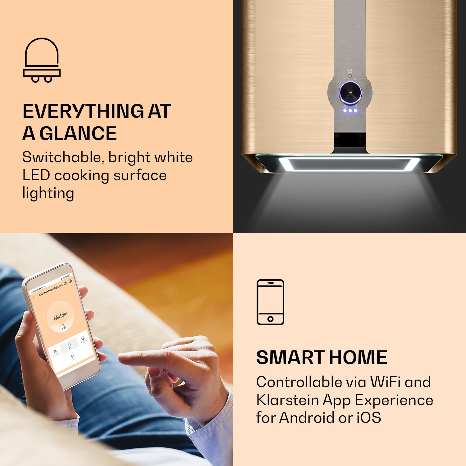 Klarstein Futurelight Smart, digestor, 45 cm, ostrovčekový, 413 m³/h, LED, nehrdzavejúca oceľ, zlatý – Obrázok 3