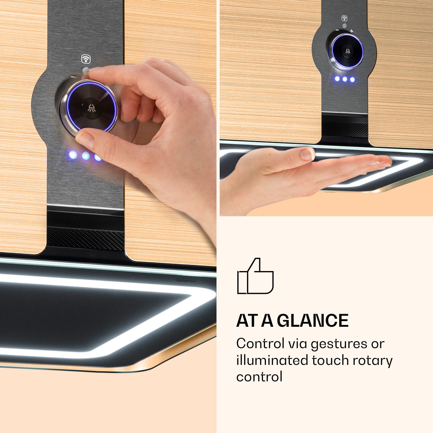 Klarstein Futurelight Smart, digestor, 45 cm, ostrovčekový, 413 m³/h, LED, nehrdzavejúca oceľ, zlatý – Obrázok 4