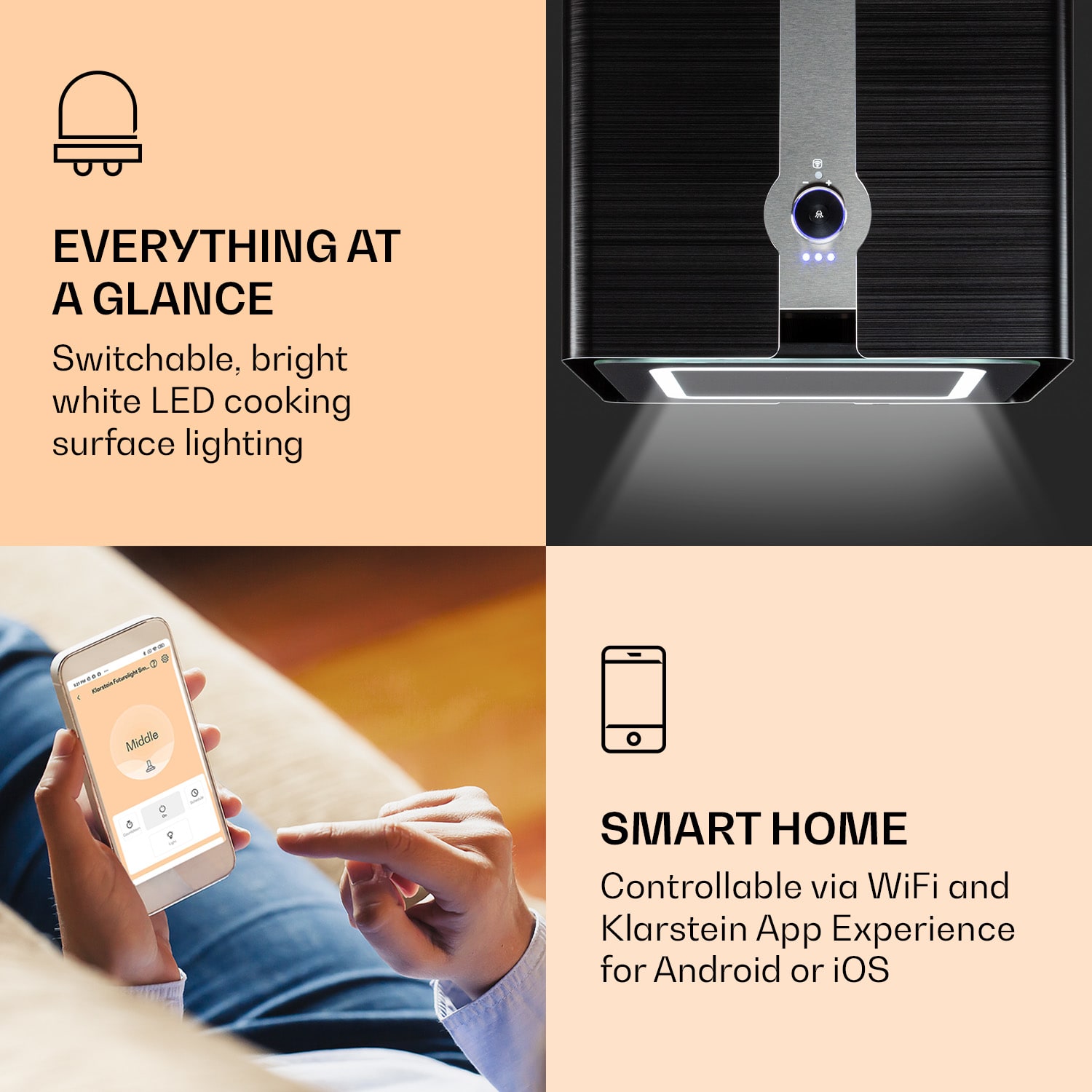 Klarstein Futurelight Smart, digestor, 45 cm, ostrovčekový, 413 m³/h, LED, nehrdzavejúca oceľ, čierny – Obrázok 3