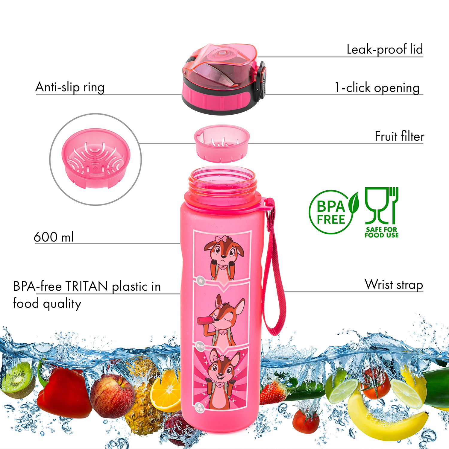 Monte Stivo Lyseren, detská fľaša na pitie, 600 ml, mierka, nepriepustný filter na ovocie – Obrázok 3