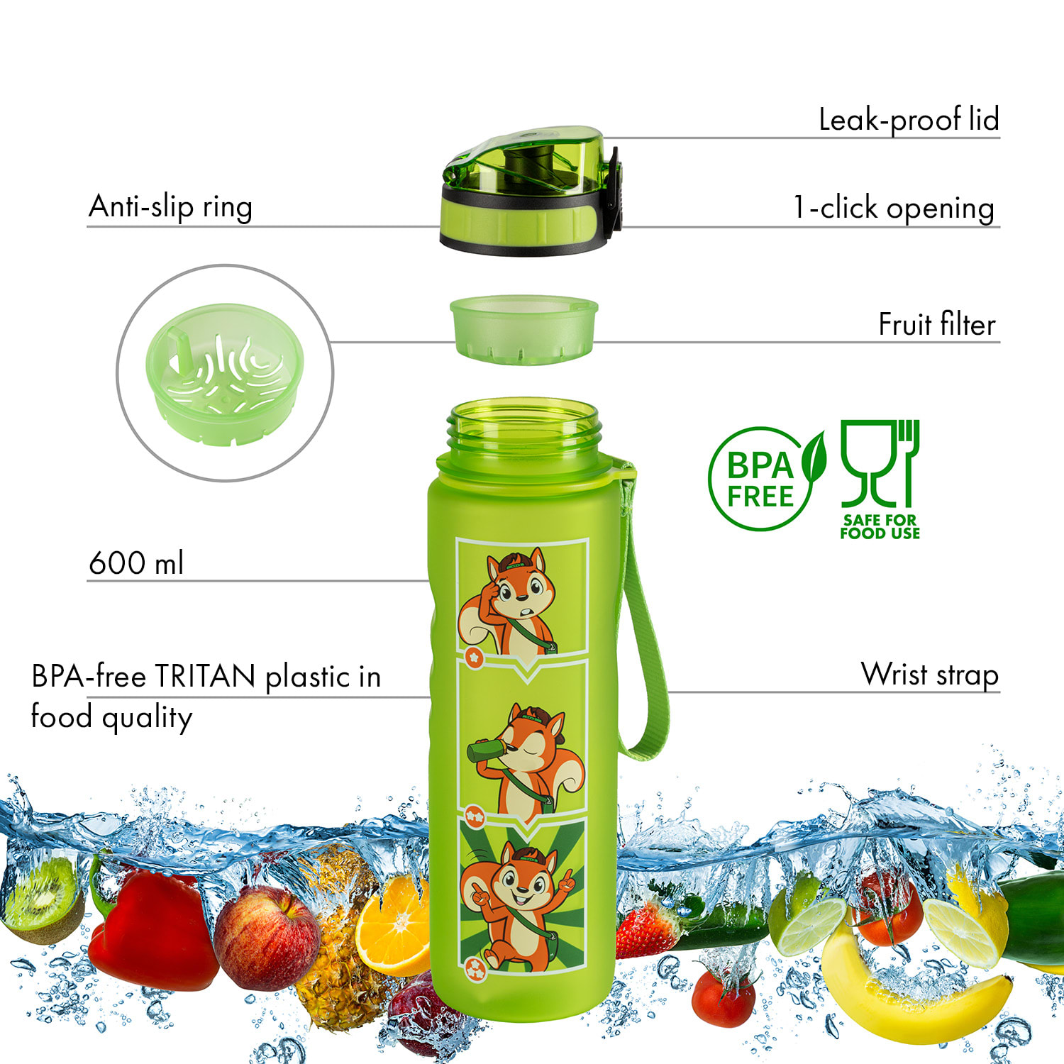Monte Stivo Lyseren, detská fľaša na pitie, 600 ml, mierka, nepriepustný filter na ovocie – Obrázok 3
