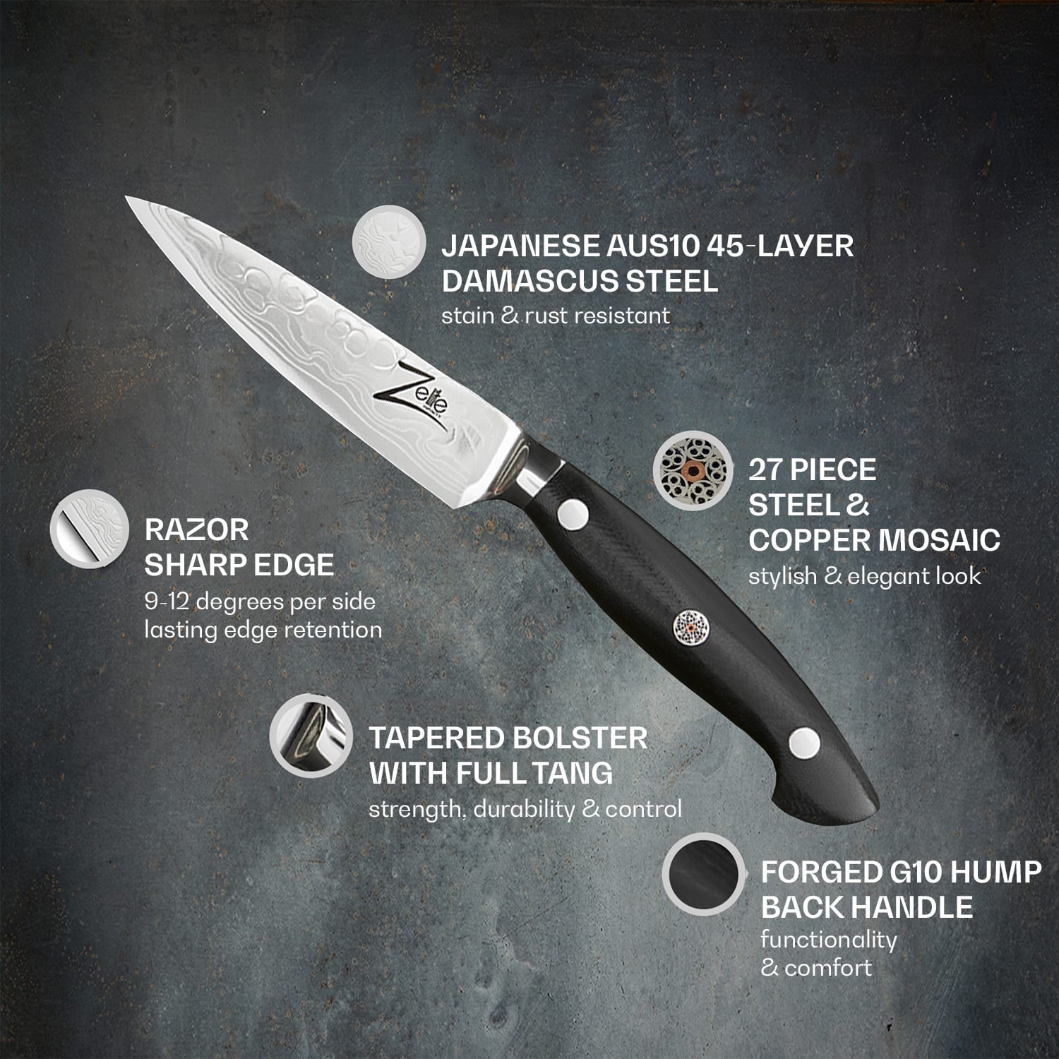 Zelite Infinity by Klarstein Executive-Plus, 4,25" nôž na lúpanie, 61 HRC, nehrdzavejúca oceľ – Obrázok 2