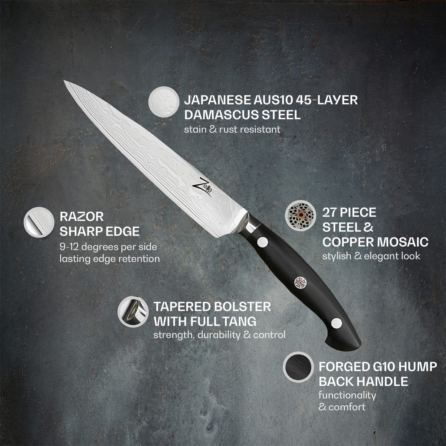 Zelite Infinity by Klarstein Executive-Plus, 6" univerzálny nôž, 61 HRC, damašková oceľ – Obrázok 2