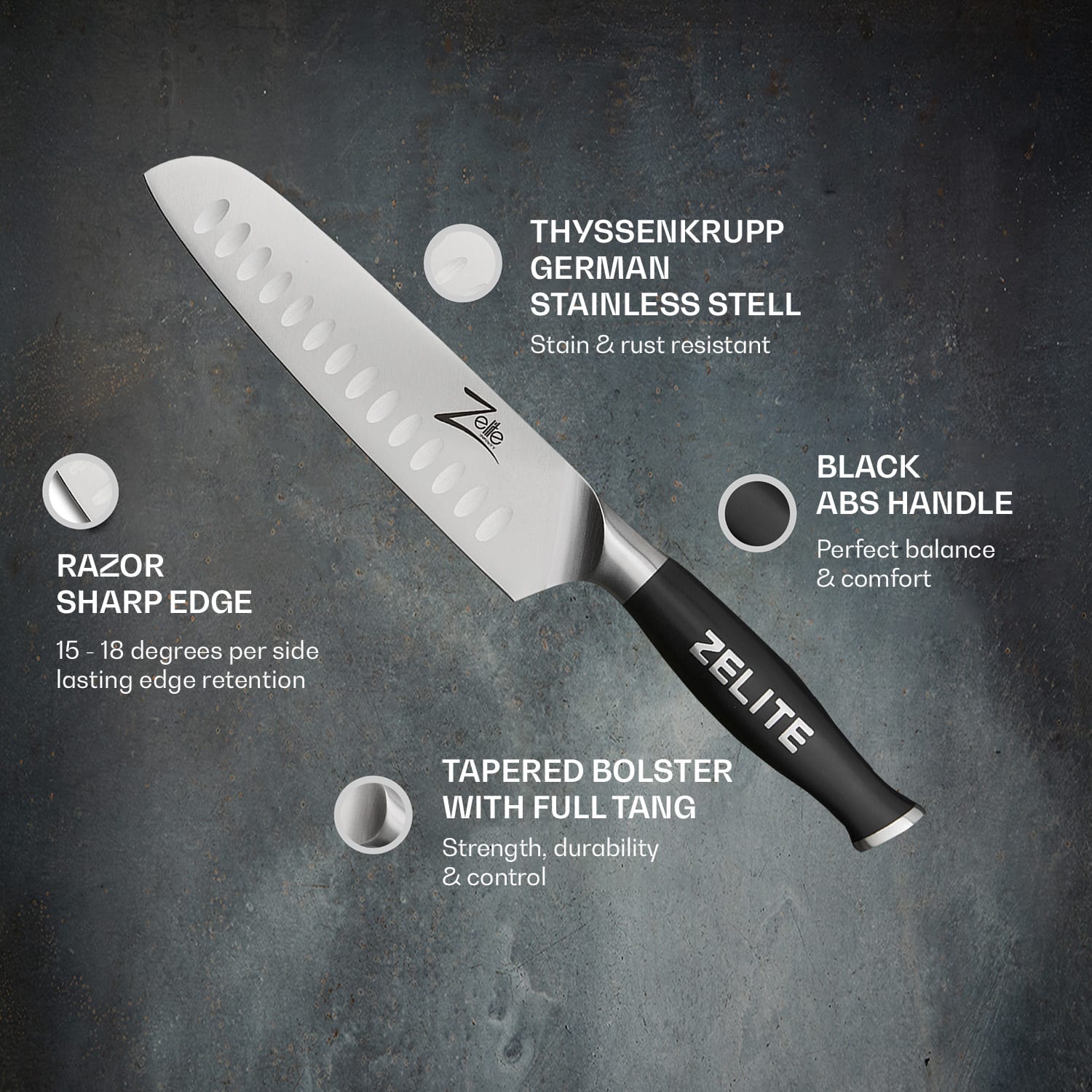 Zelite Infinity by Klarstein Comfort Pro, 7" nôž santoku, 56 HRC, nehrdzavejúca oceľ – Obrázok 2