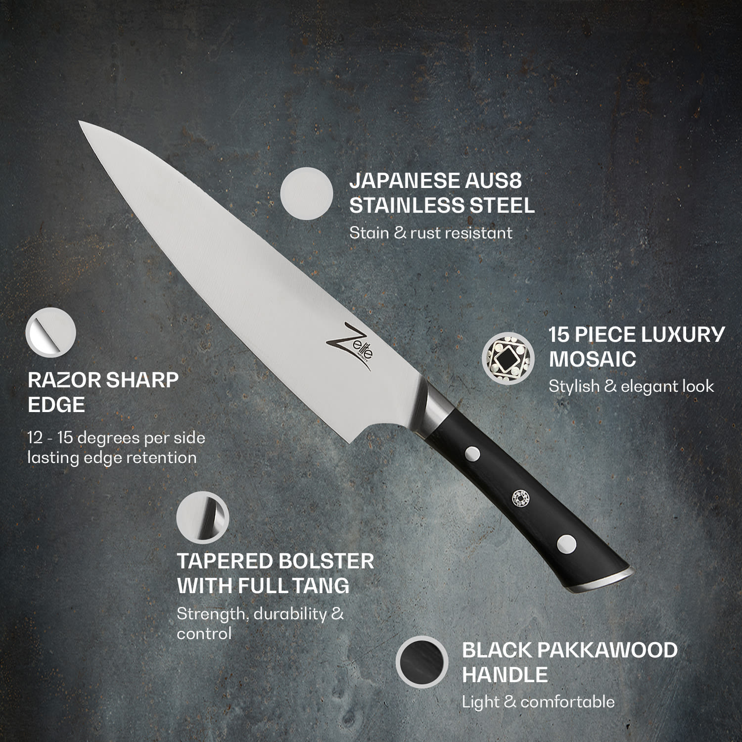 Zelite Infinity by Klarstein Razor-Edge, 8" kuchársky nôž, 59 HRC, nehrdzavejúce oceľ – Obrázok 2