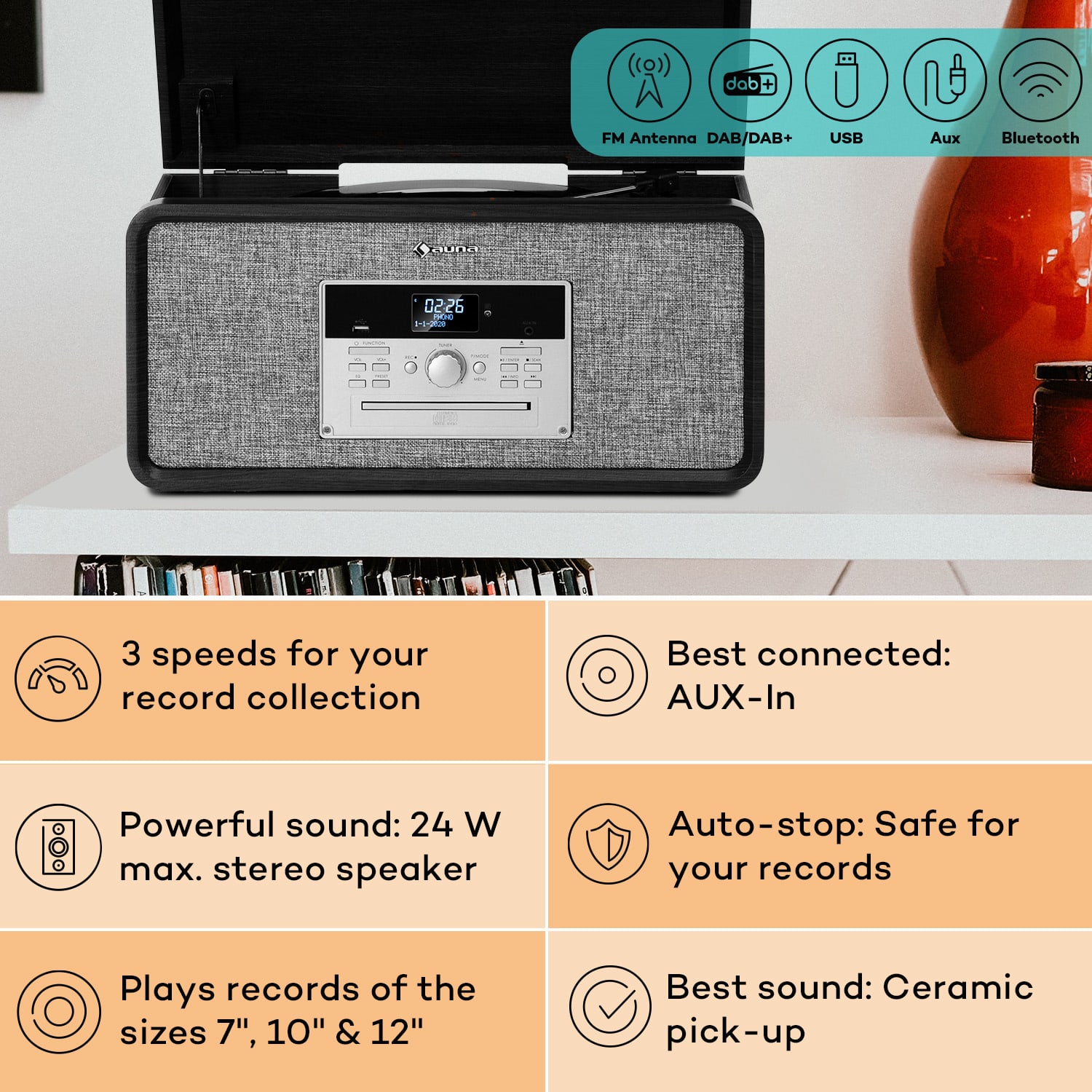 Auna Bella Ann, stereo systém, gramofón, rádio DAB+/UKW, USB, bluetooth – Obrázok 2