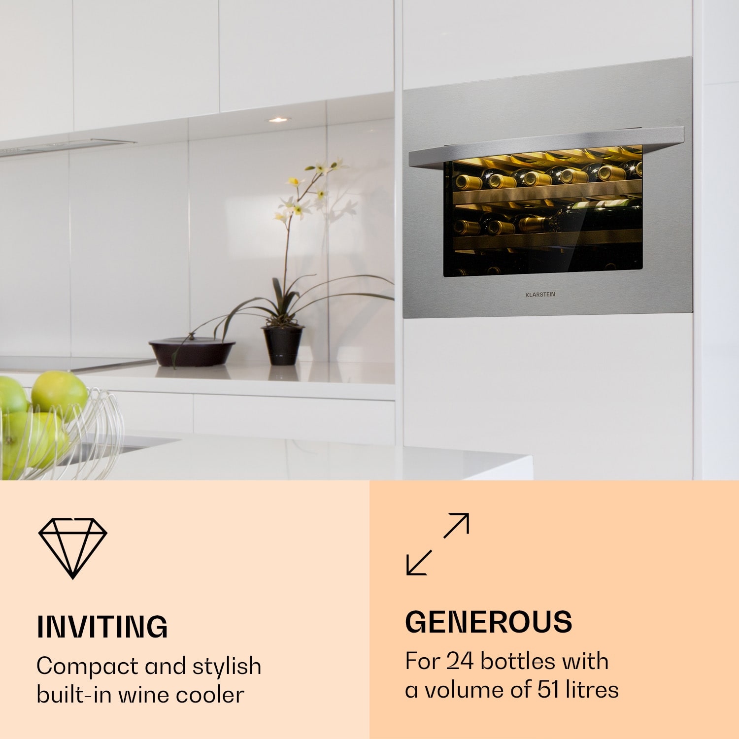 Klarstein Vinsider 24 Built-In Uno, vstavaná vinotéka, 24 fliaš, 1 zóna, nehrdzavejúca oceľ – Obrázok 2