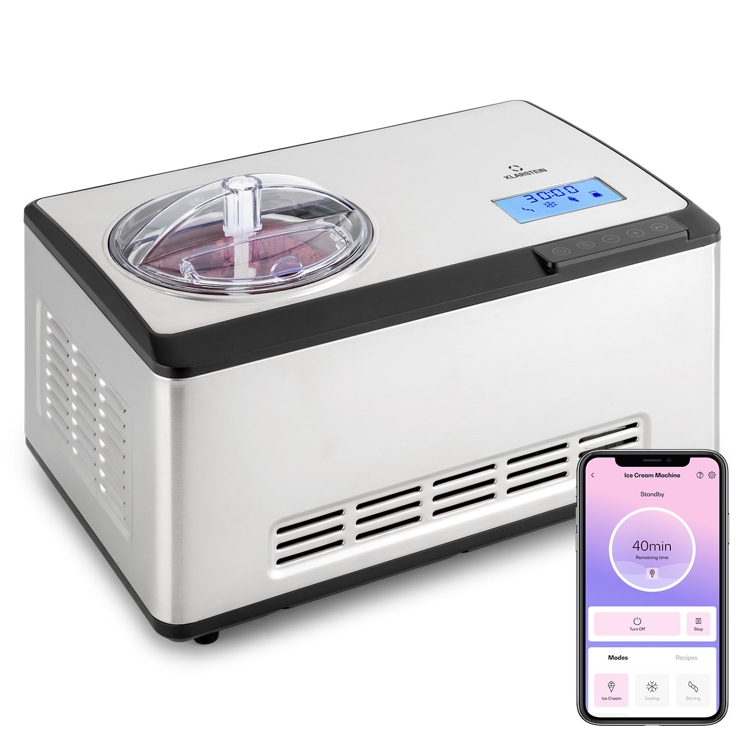 Klarstein Dolce Bacio Smart, zmrzlinovač a jogurtovač, kompresor, 2 l, Wi-Fi, dotykový displej, nehrdzavejúca oceľ
