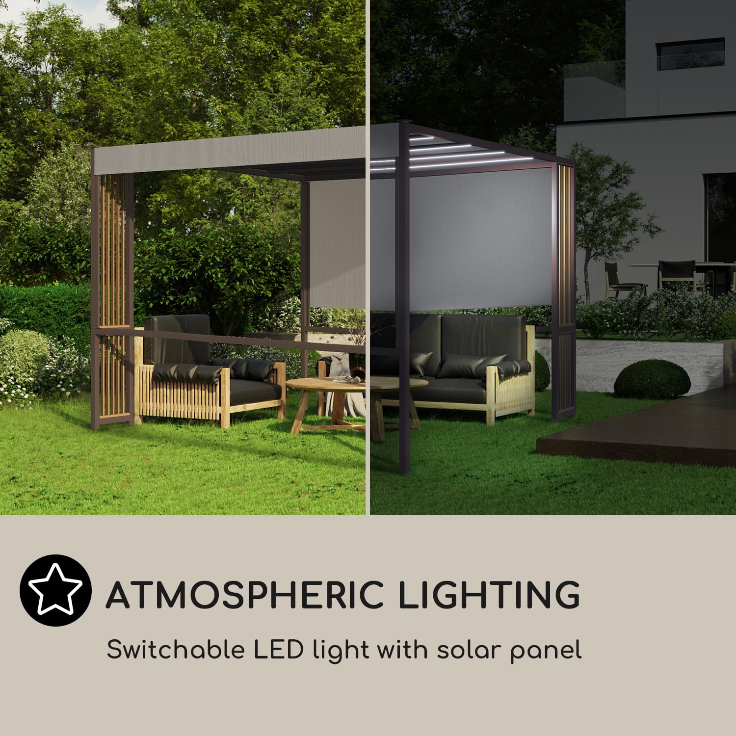 Blumfeldt Valence, altánok, 3 x 3 m, UV50+, vodoodpudivý, solárne LED osvetlenie, solárny panel – Obrázok 4