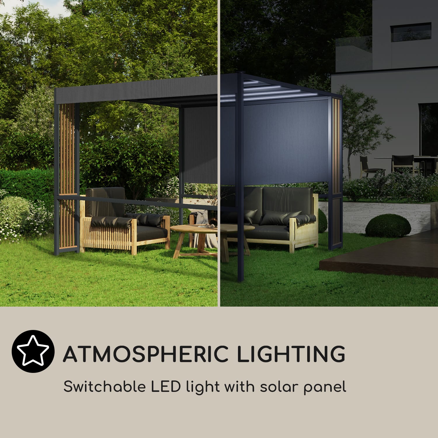 Blumfeldt Valence, altánok, 3 x 3 m, UV50+, vodoodpudivý, solárne LED osvetlenie, solárny panel – Obrázok 4