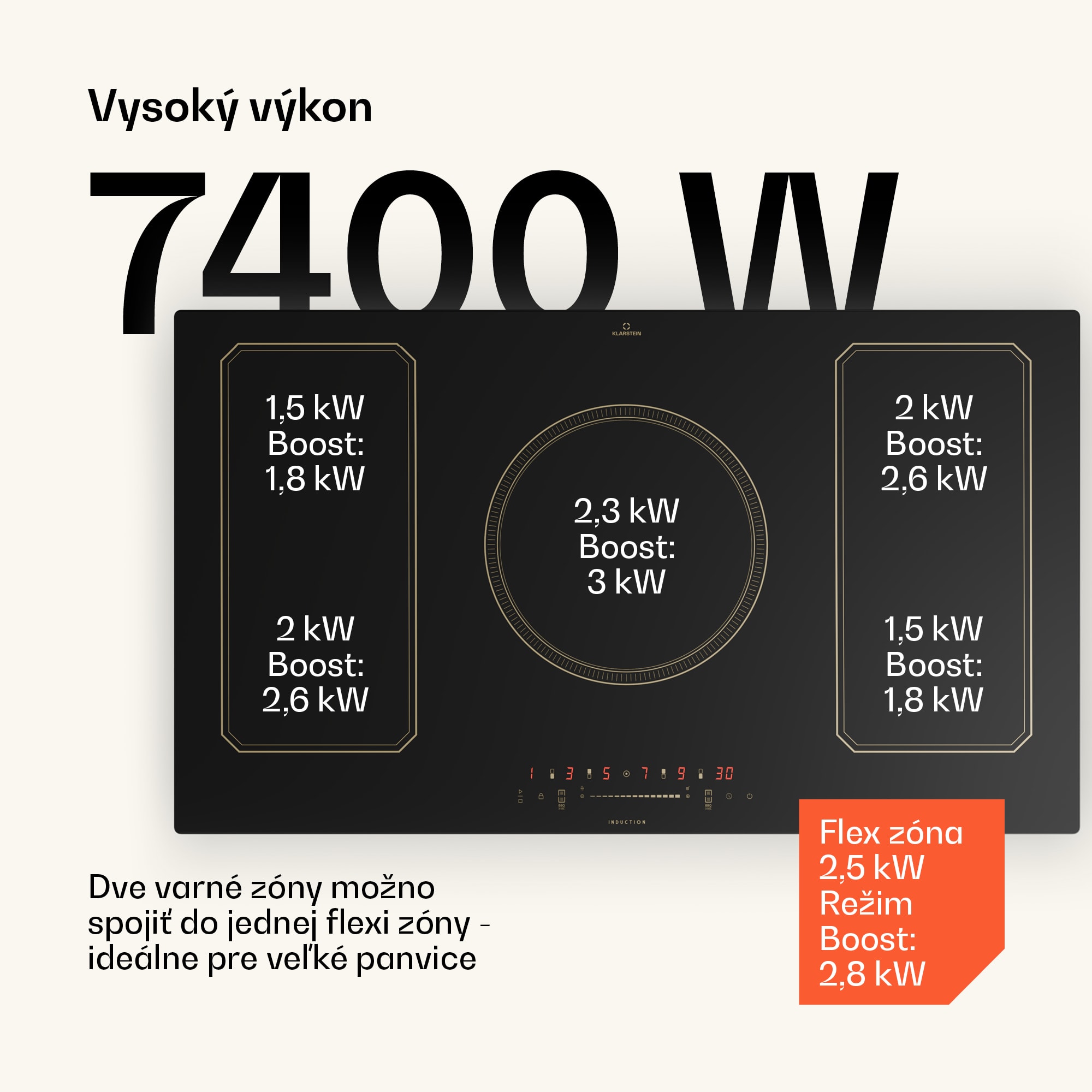 Klarstein Victoria 5 Flex, vstavaná indukčná varná doska, 7400 W, 2 x Flexzone, časovač – Obrázok 3