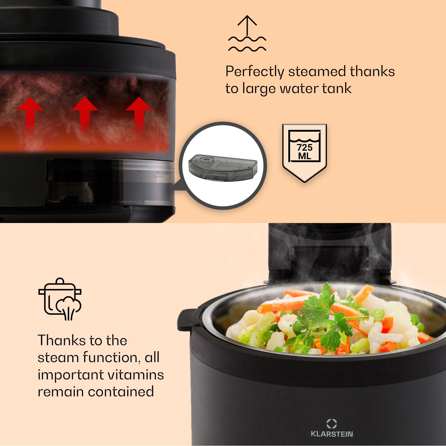 Klarstein Vendure, teplovzdušná fritéza s parnou funkciou, 1250 W, 5 l, 6 programov – Obrázok 2