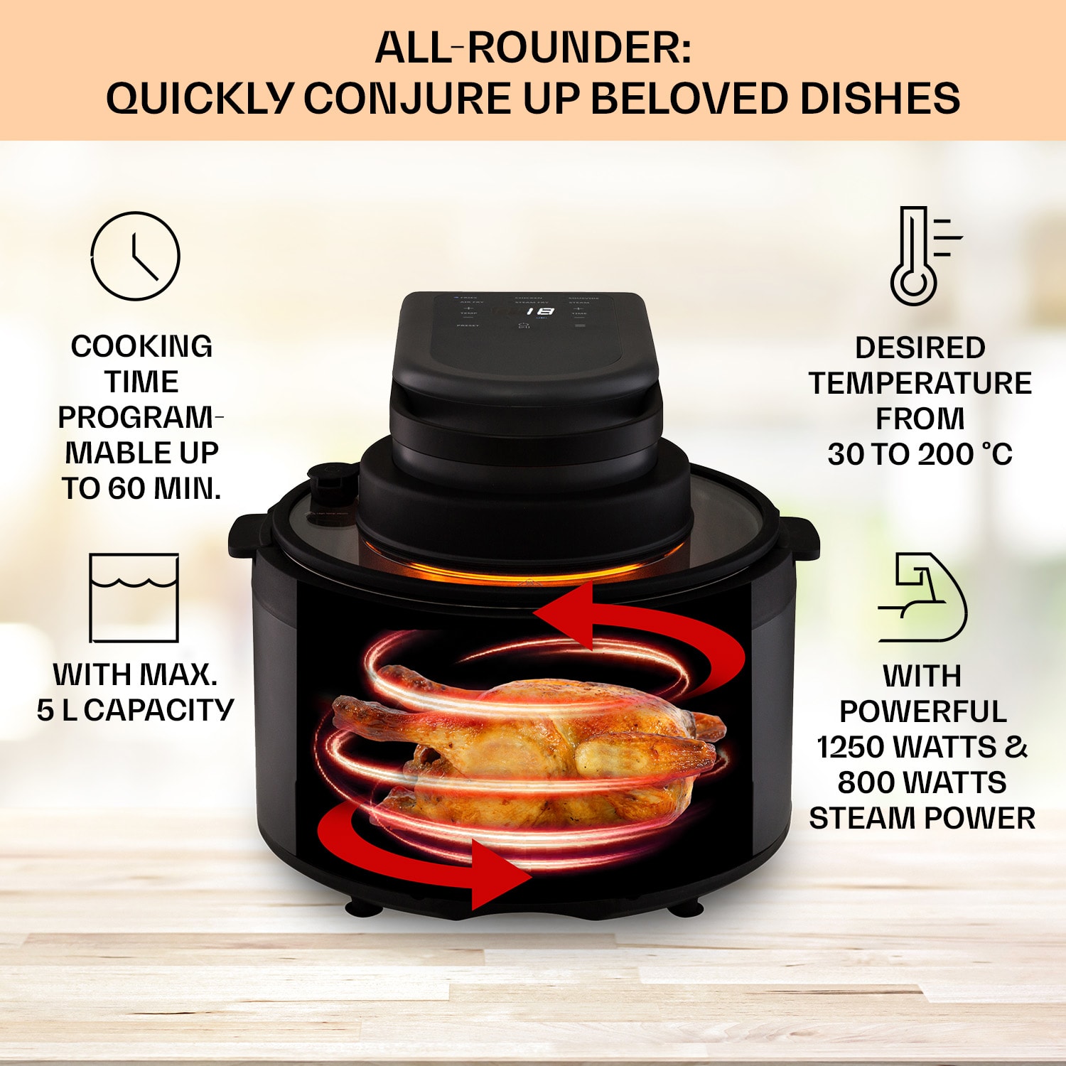 Klarstein Vendure, teplovzdušná fritéza s parnou funkciou, 1250 W, 5 l, 6 programov – Obrázok 3