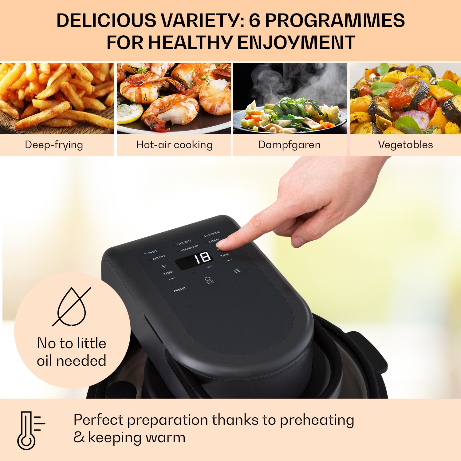 Klarstein Vendure, teplovzdušná fritéza s parnou funkciou, 1250 W, 5 l, 6 programov – Obrázok 4