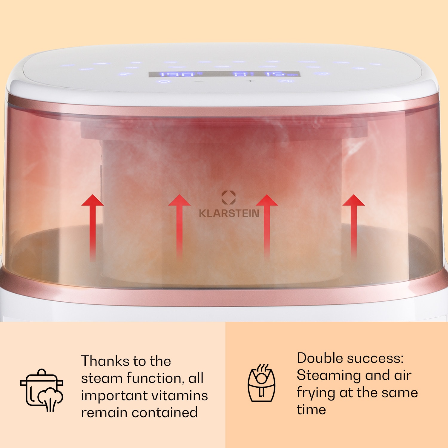 Klarstein Air Bloom, teplovzdušná fritéza, 1500 W, 7,5 l, 16 programov, s funkciou naparovania – Obrázok 2