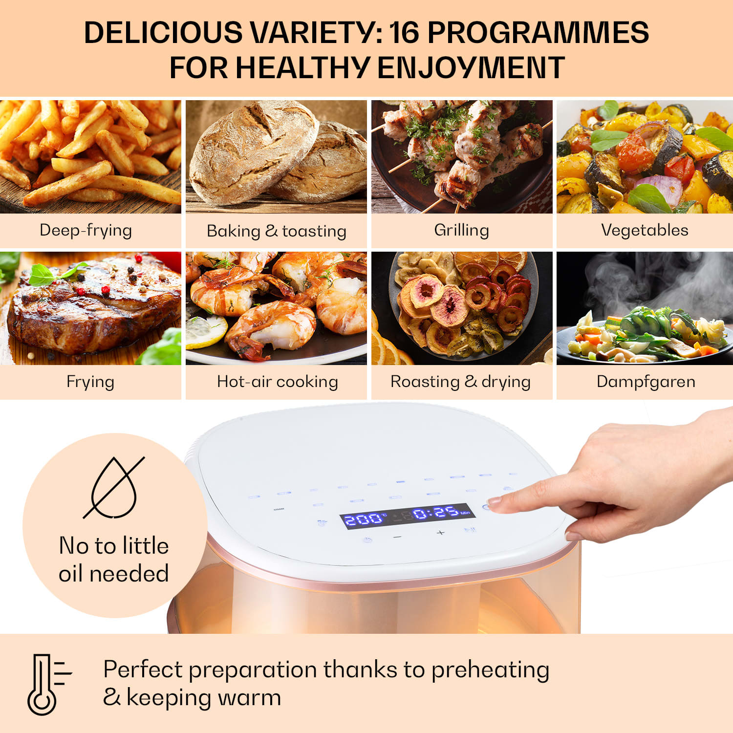 Klarstein Air Bloom, teplovzdušná fritéza, 1500 W, 7,5 l, 16 programov, s funkciou naparovania – Obrázok 4