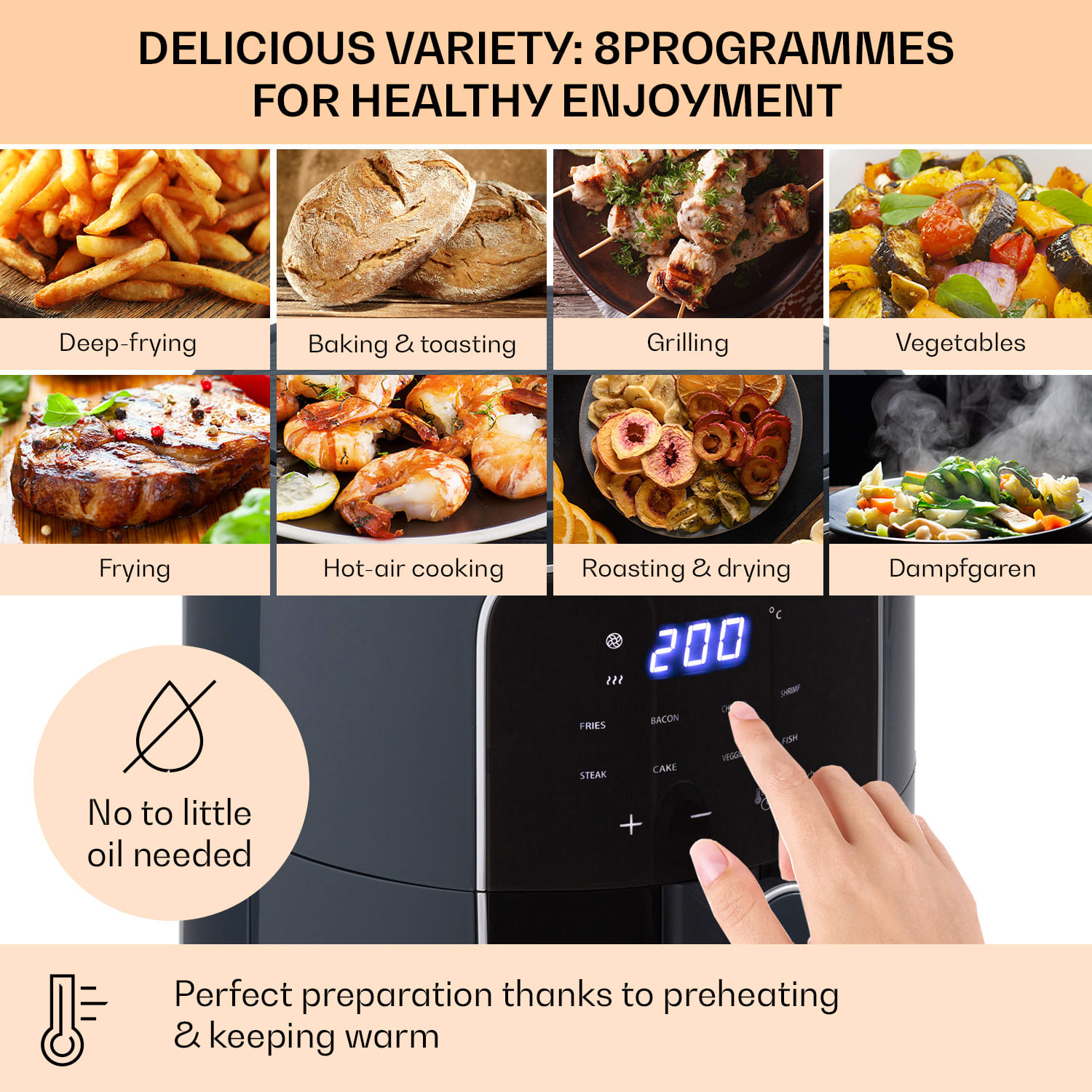 Klarstein Crisp-Pro, teplovzdušná fritéza, 1400 W, 3,5 l, 8 programov, časovač – Obrázok 3