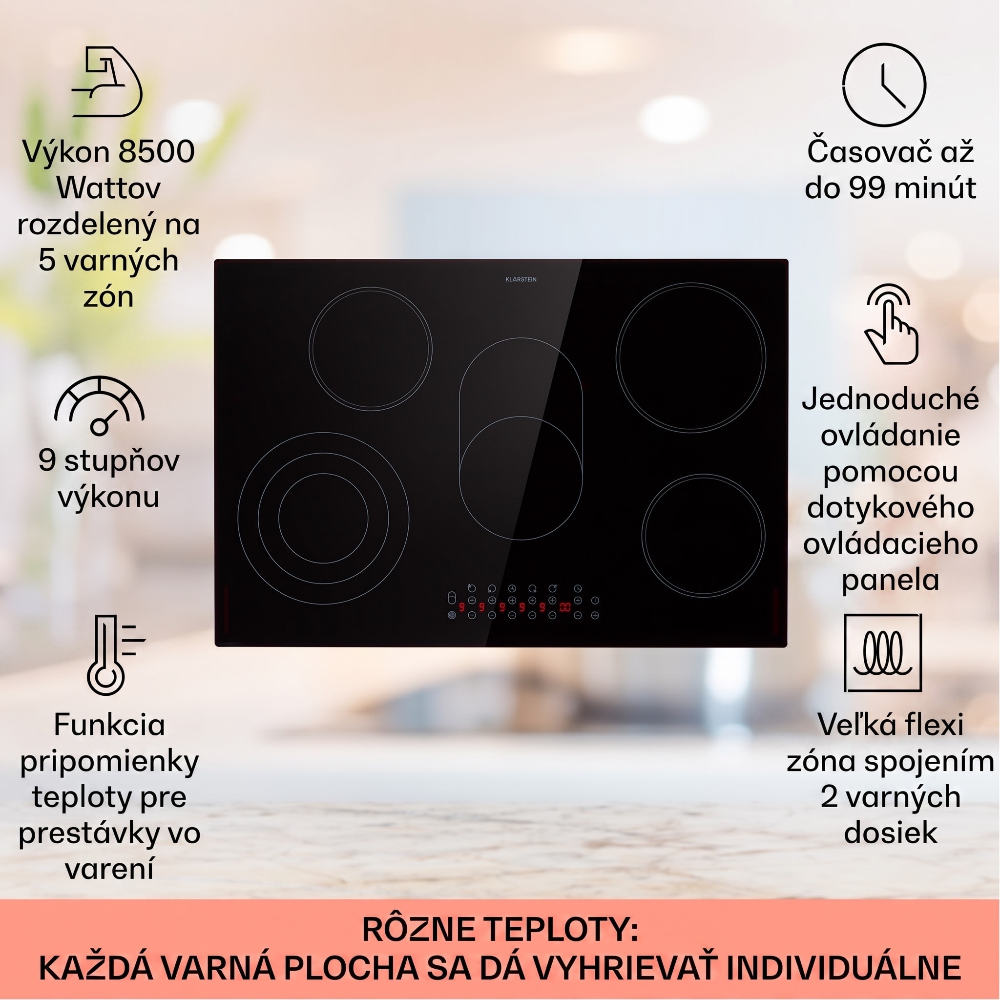 Klarstein Virtuosa Roast, vstavaná varná doska, 5 zón, 8500W, sklokeramika – Obrázok 2