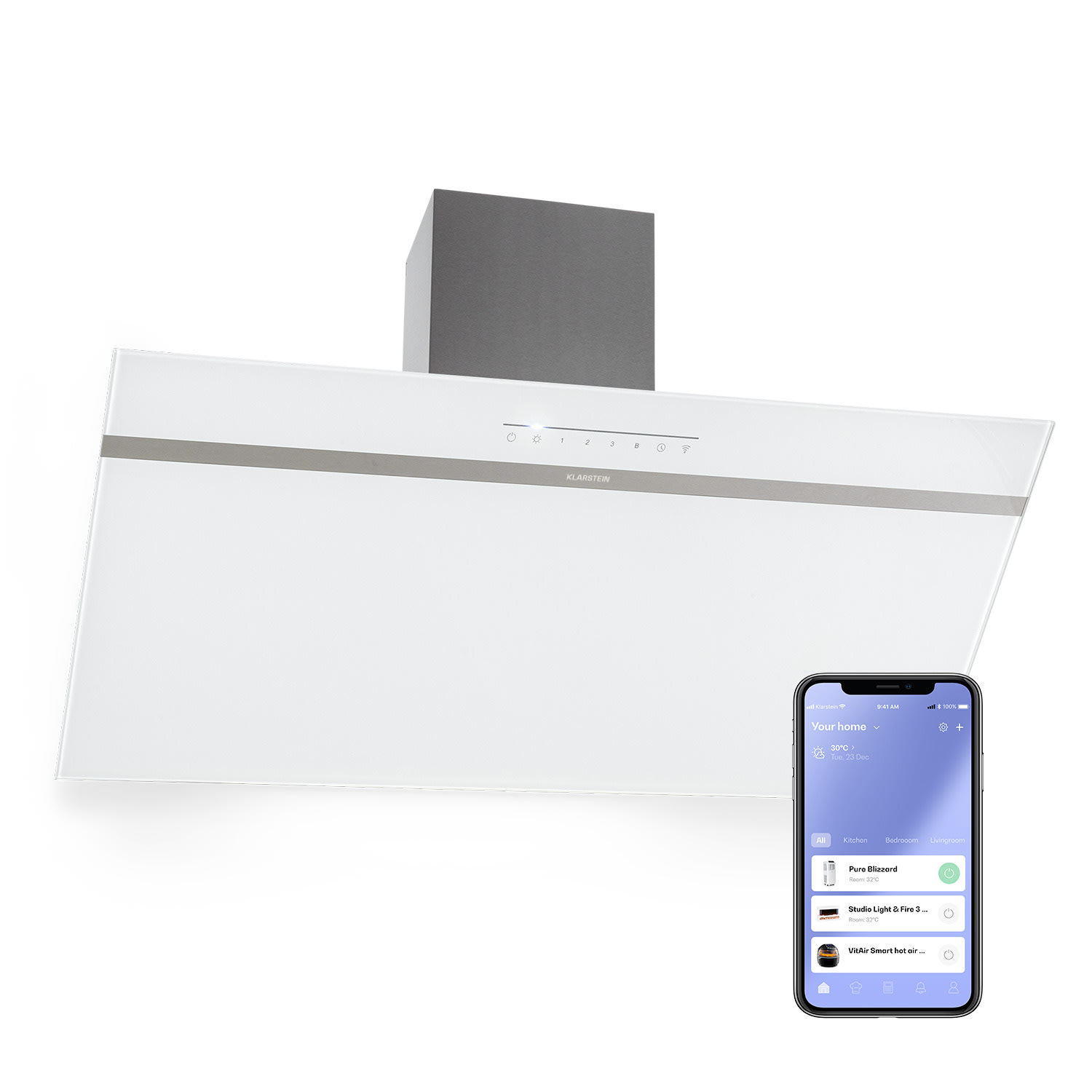 Klarstein Ava 90 Smart, digestor, 90 cm, nástenný, WiFi, A++, 585 m³/h, dotykový displej