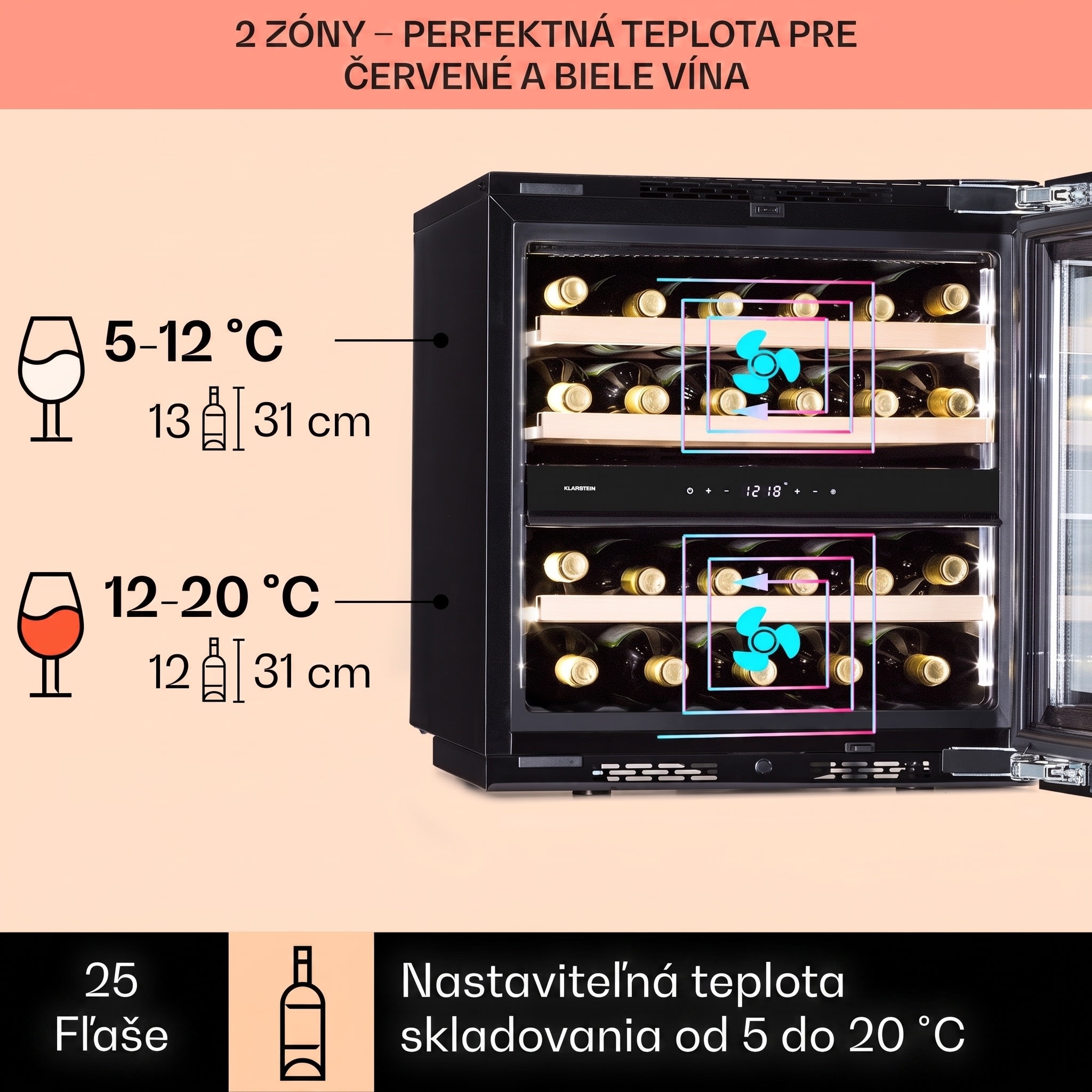 Klarstein Rhône 25 Duo, vinotéka, 63 l, 25 fliaš, 2 zóny, kompresné chladenie – Obrázok 3