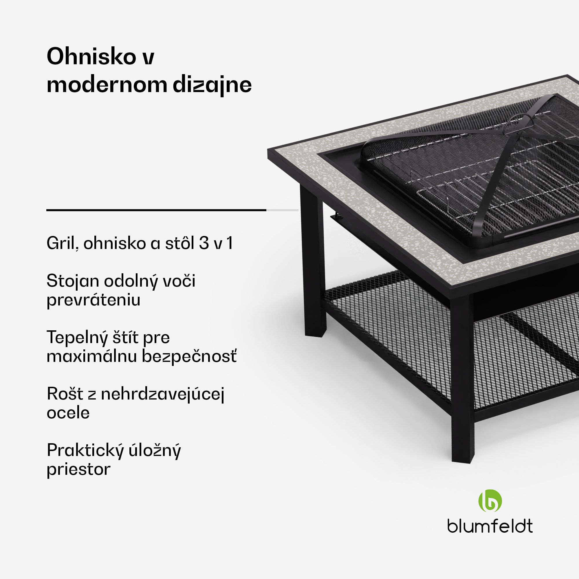 Blumfeldt Merano Avanzato 3 v 1, ohnisko s funkciou grilu, dá sa použiť ako stôl, 87 x 87 cm – Obrázok 2