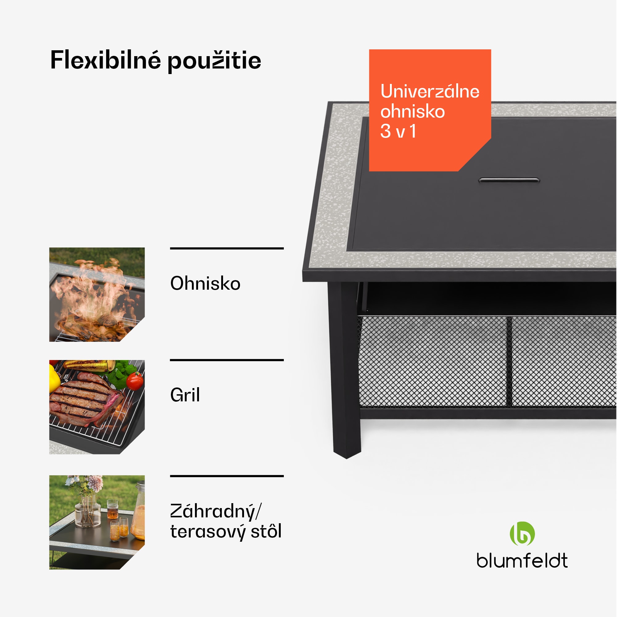 Blumfeldt Merano Avanzato 3 v 1, ohnisko s funkciou grilu, dá sa použiť ako stôl, 87 x 87 cm – Obrázok 3