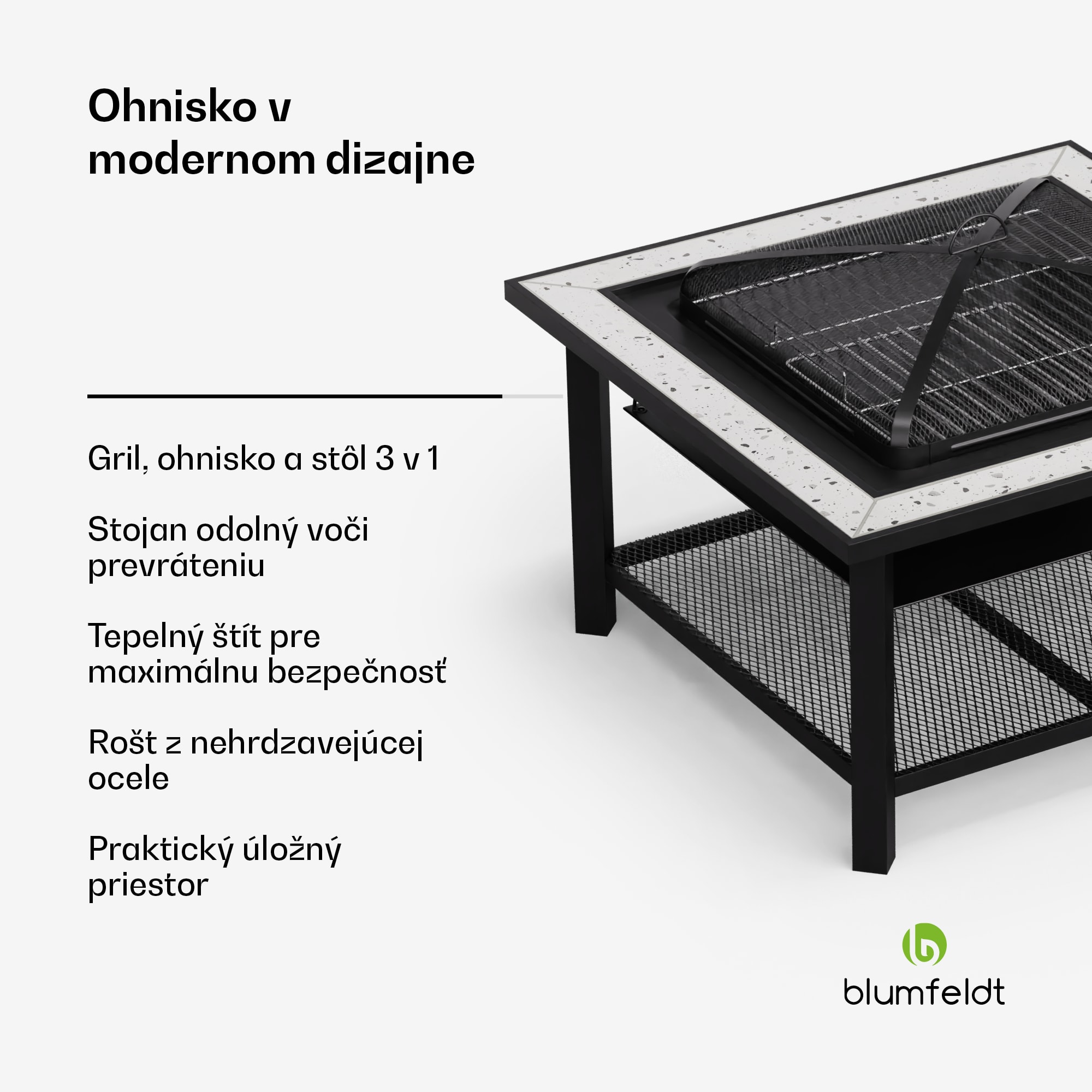 Blumfeldt Merano Avanzato 3 v 1, ohnisko s funkciou grilu, dá sa použiť ako stôl, 87 x 87 cm – Obrázok 2