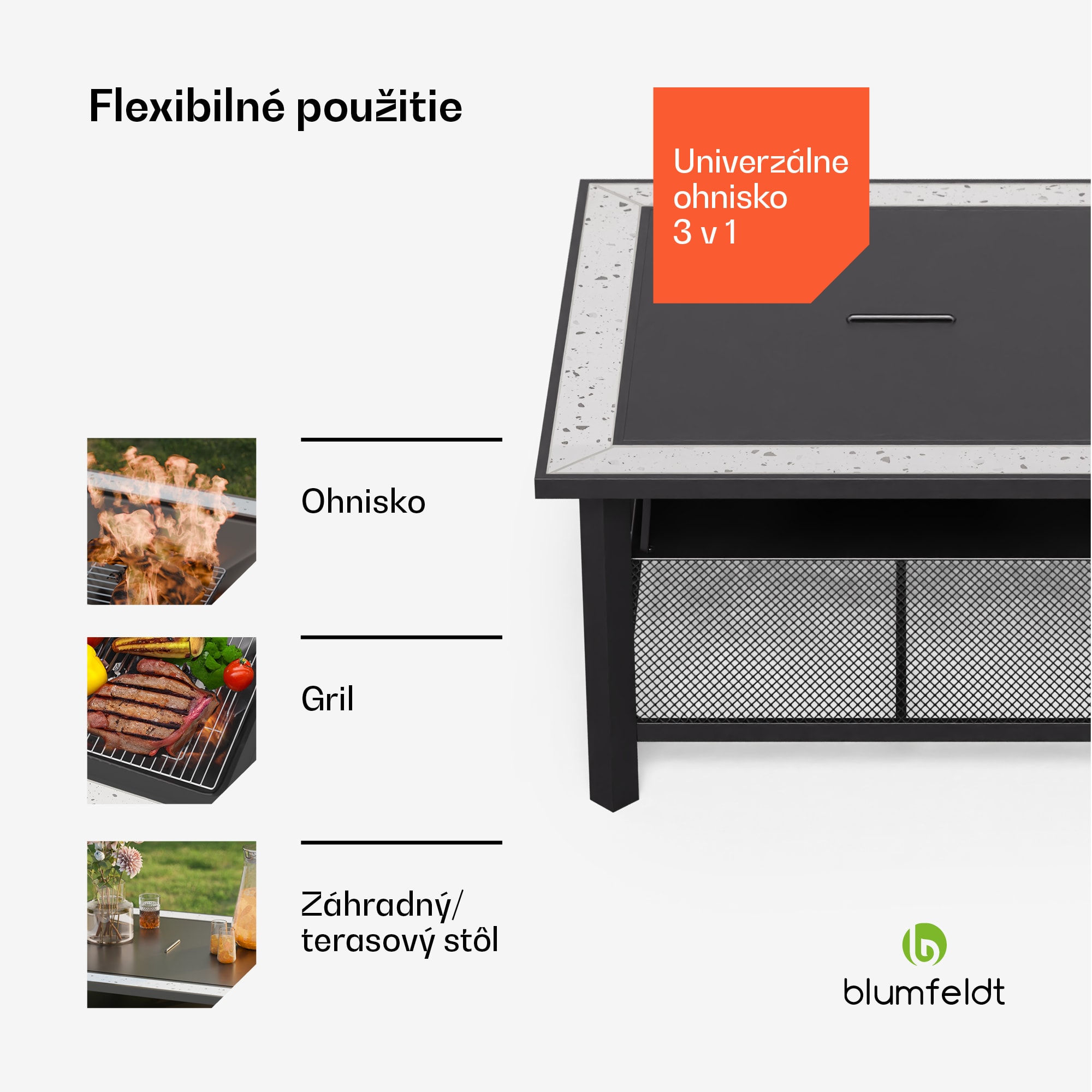 Blumfeldt Merano Avanzato 3 v 1, ohnisko s funkciou grilu, dá sa použiť ako stôl, 87 x 87 cm – Obrázok 3