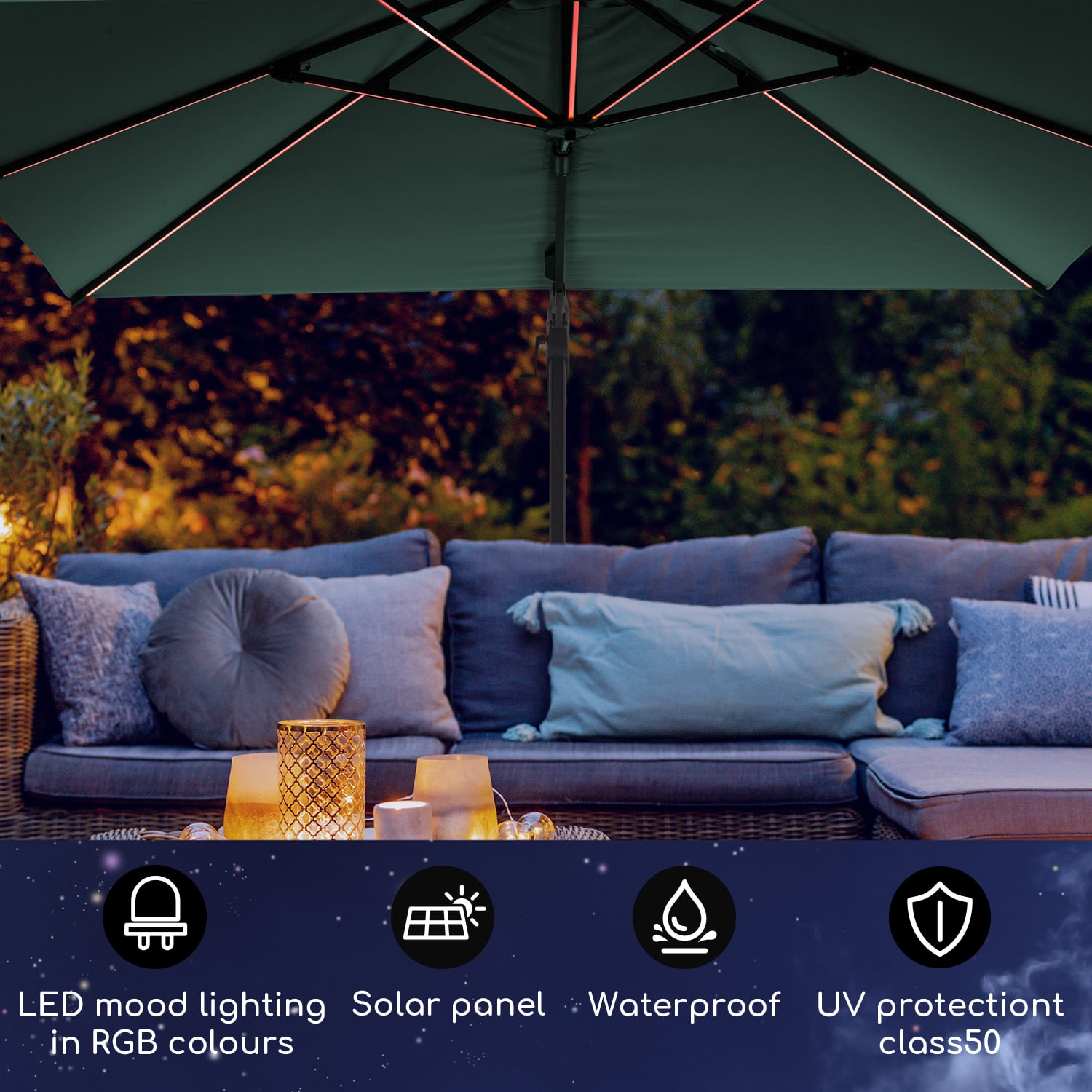 Blumfeldt Arles, slnečník, 300 x 300 cm, polyester, UV 50+, vodoodpudivý, LED svetlo – Obrázok 2