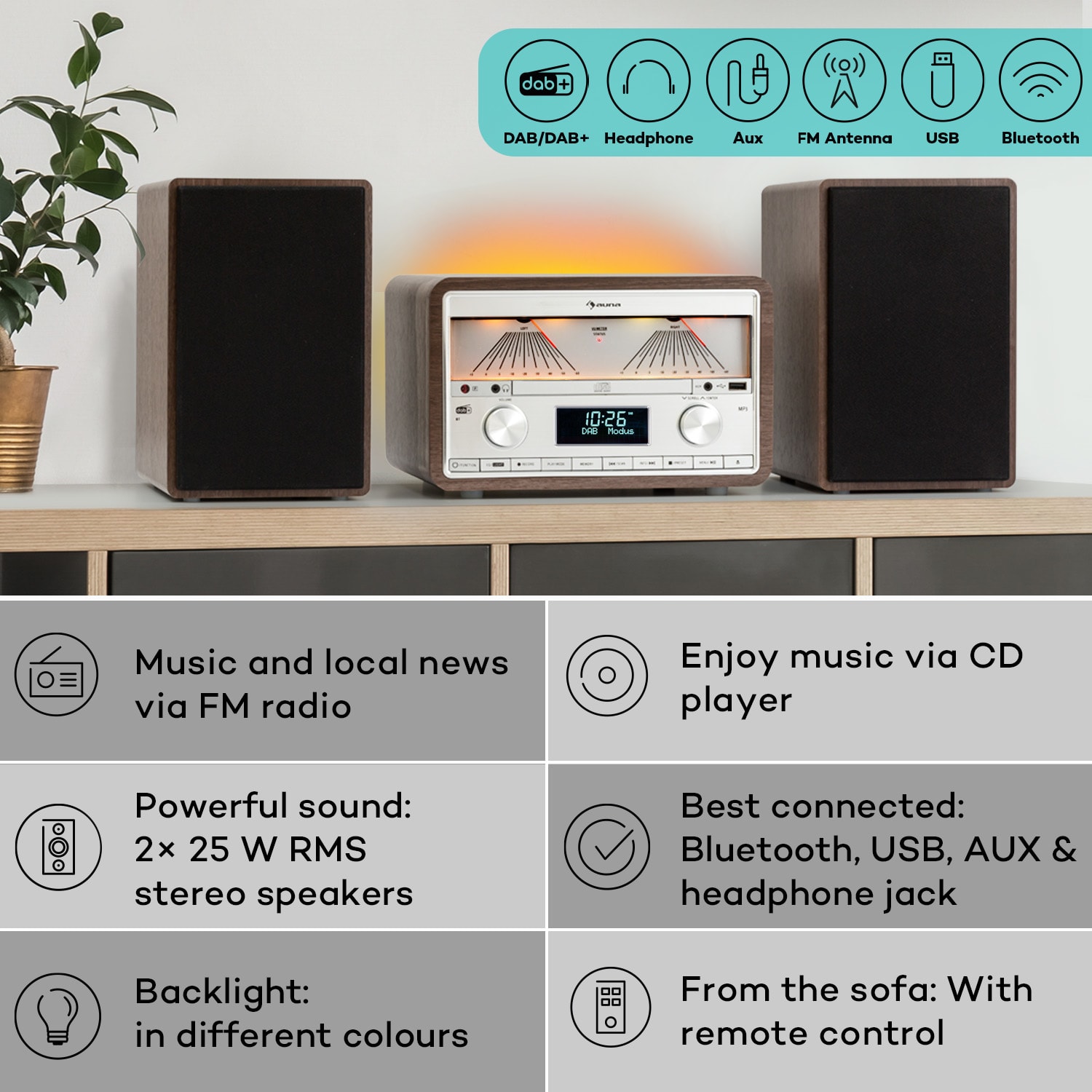 Auna Elton, stereo systém, CD, BT, MP3, DAB+, FM rádio, VU merač, podsvietenie – Obrázok 2