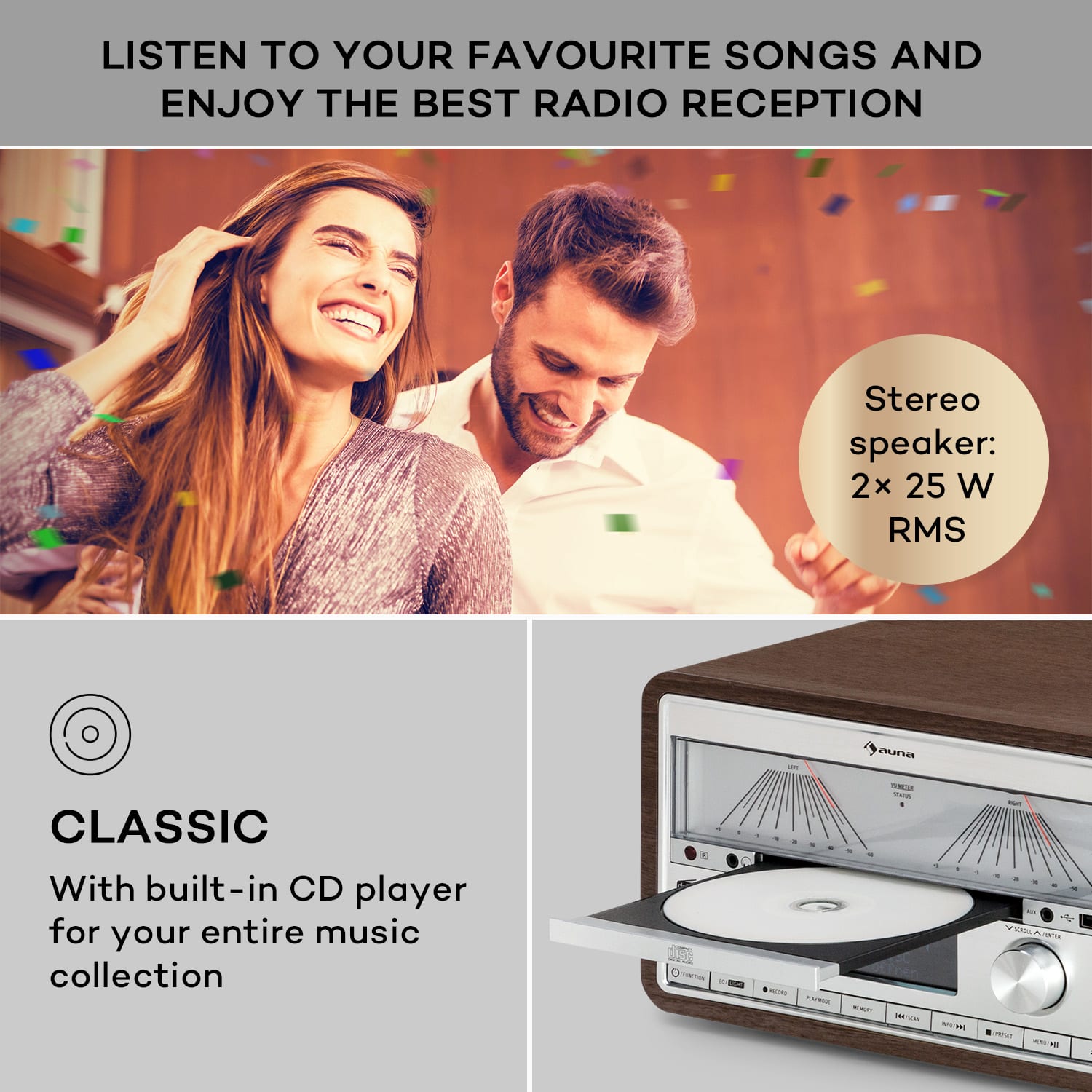 Auna Elton, stereo systém, CD, BT, MP3, DAB+, FM rádio, VU merač, podsvietenie – Obrázok 3