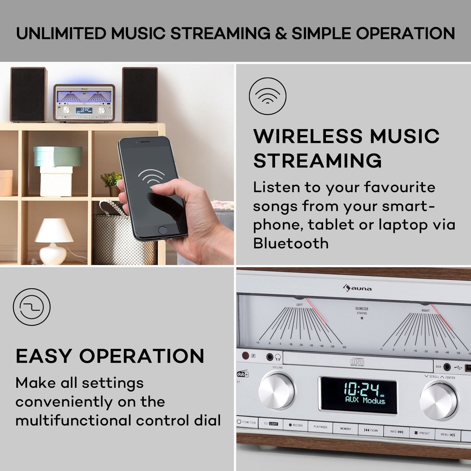Auna Elton, stereo systém, CD, BT, MP3, DAB+, FM rádio, VU merač, podsvietenie – Obrázok 4