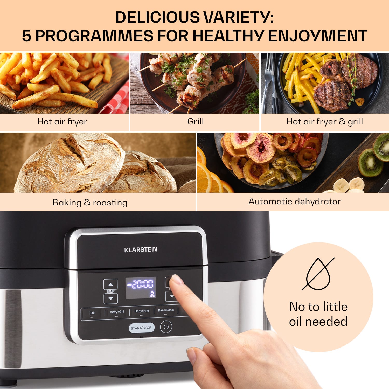Klarstein Combo Air, teplovzdušná fritéza s grilom, 1500 W, 4,5 l grilovací kôš, 2,5 l fritovací kôš, 5 programov – Obrázok 3