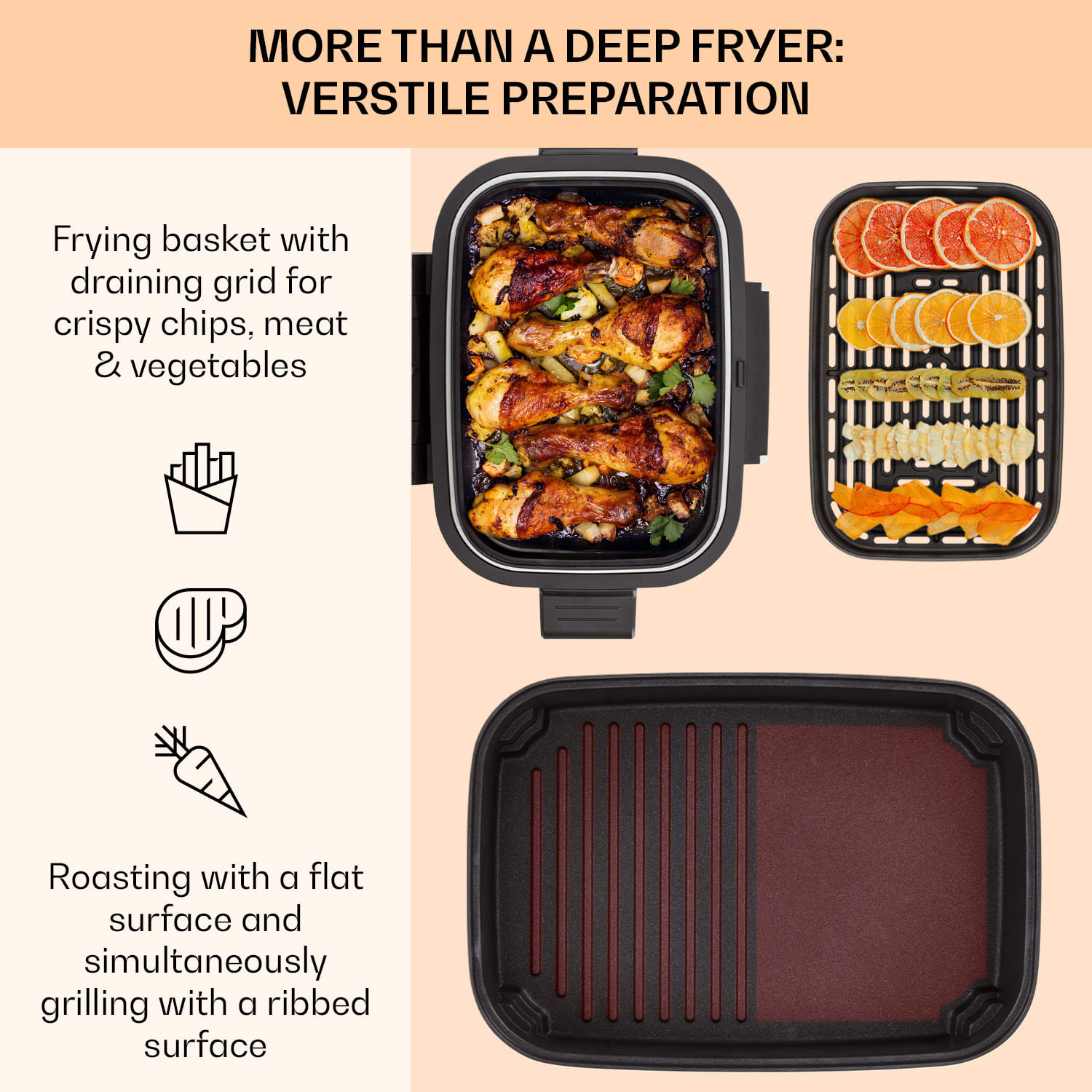 Klarstein Combo Air, teplovzdušná fritéza s grilom, 1500 W, 4,5 l grilovací kôš, 2,5 l fritovací kôš, 5 programov – Obrázok 4
