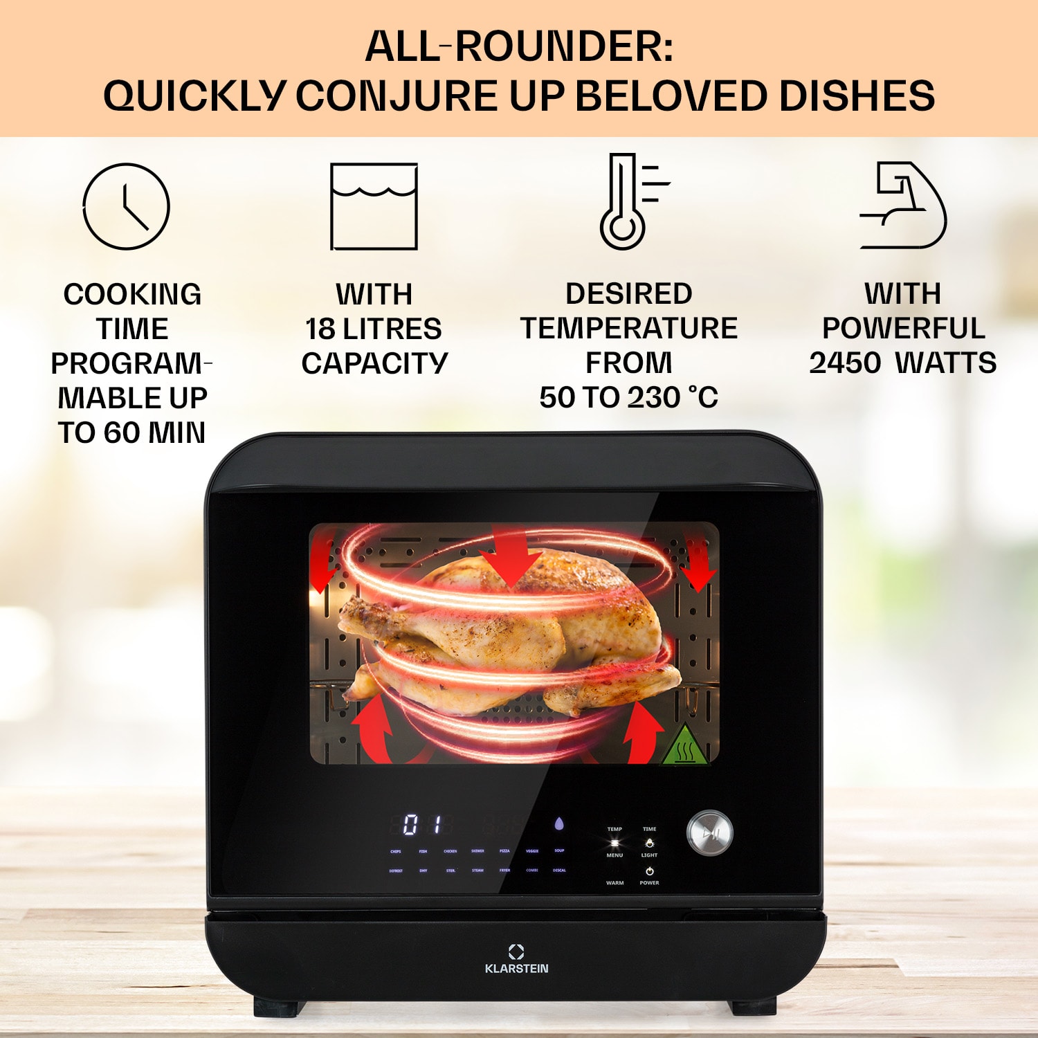 Klarstein Vita Pro, teplovzdušná fritéza s varením v pare, 2450 W, 18 l, 14 programov, 800 ml nádrž na vodu – Obrázok 3