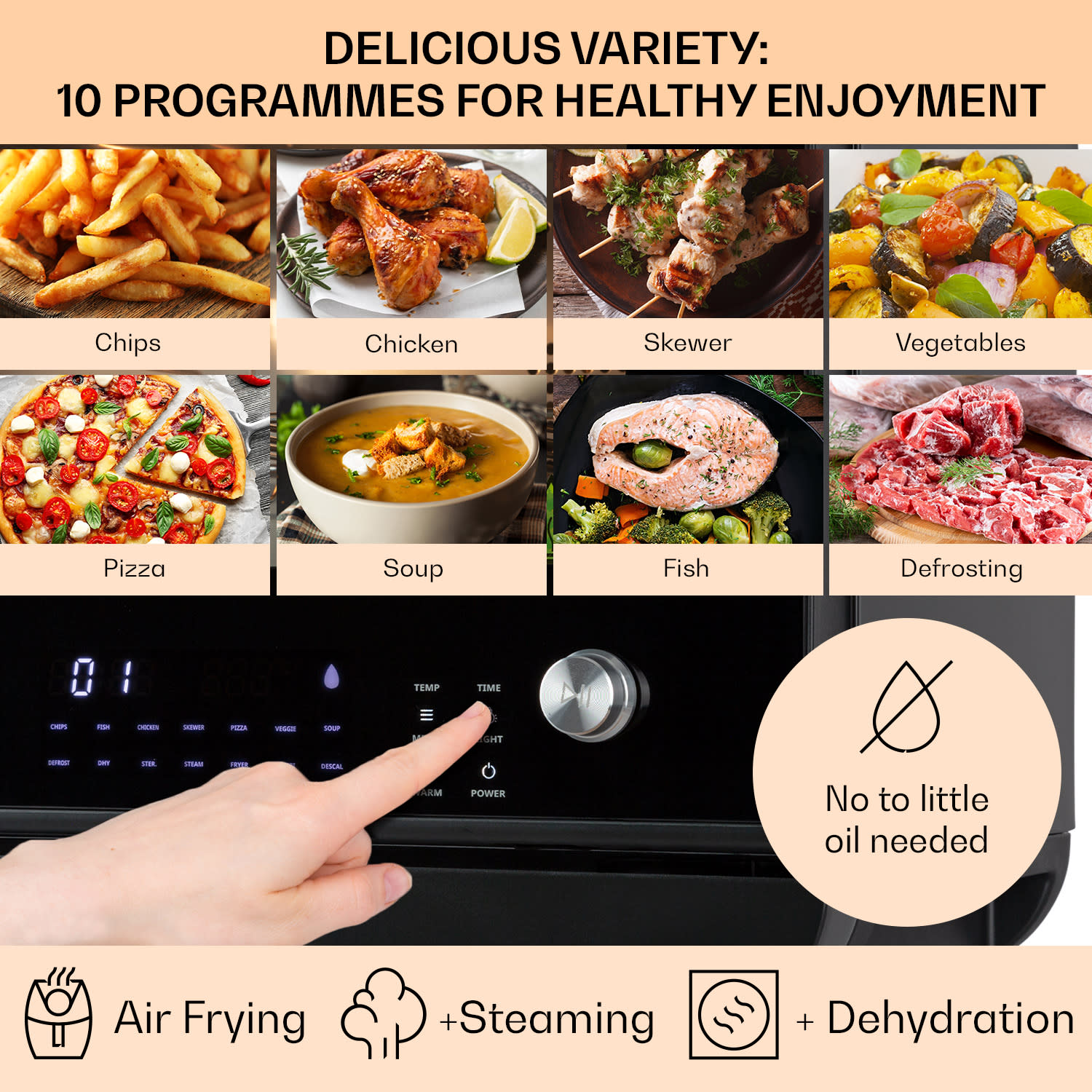Klarstein Vita Pro, teplovzdušná fritéza s varením v pare, 2450 W, 18 l, 14 programov, 800 ml nádrž na vodu – Obrázok 4