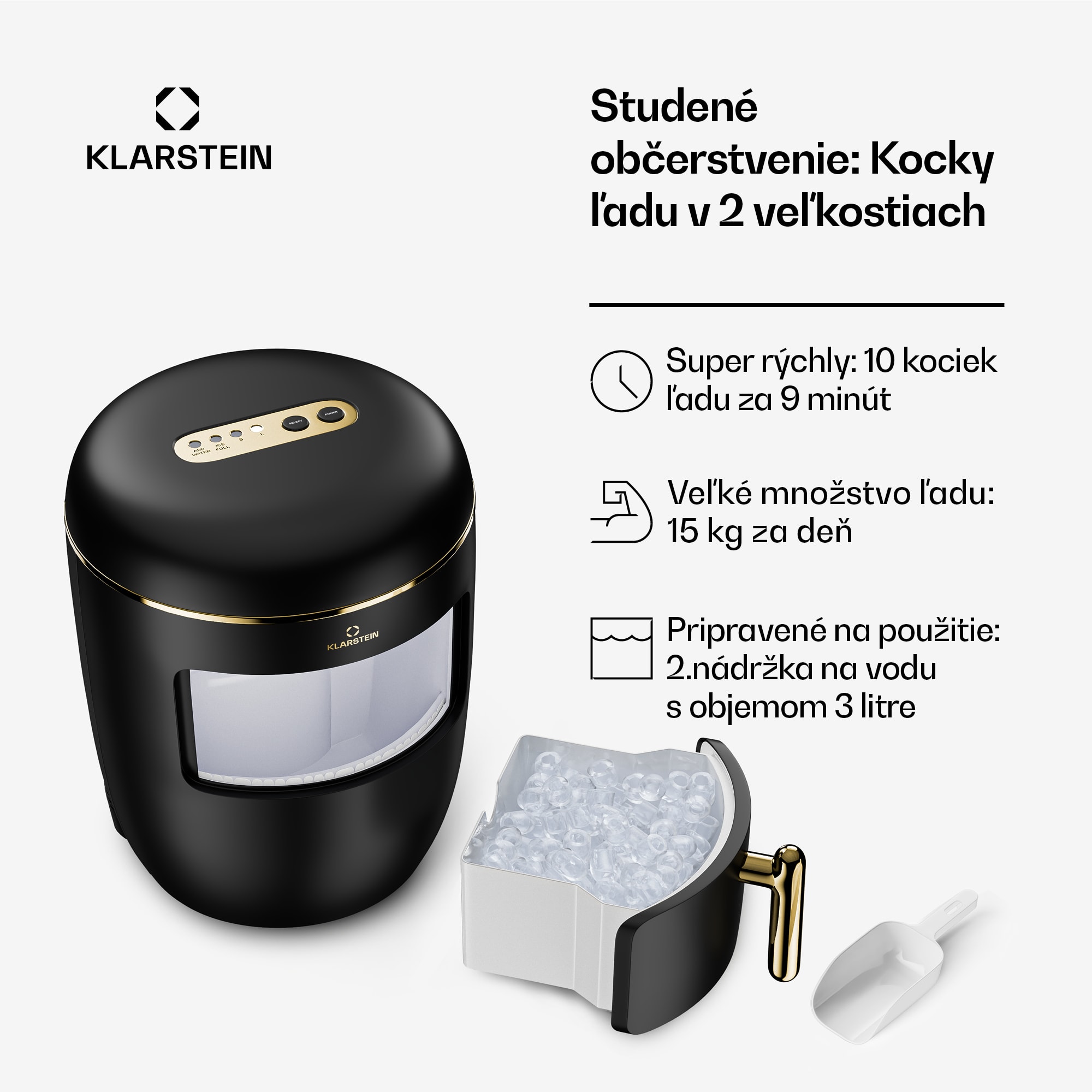 Klarstein Passau, výrobník ľadu, 2 veľkosti, 15 kg/24 h, Auto-Clean – Obrázok 2
