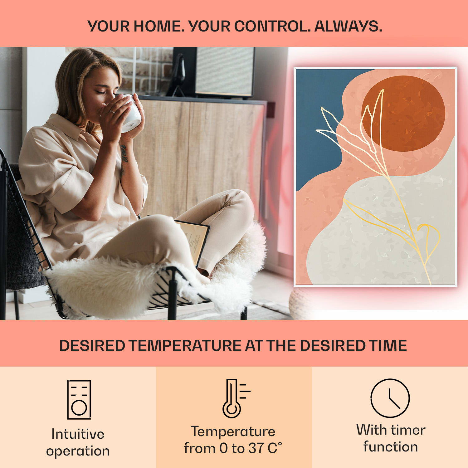 Klarstein Wonderwall Air Art, infračervený smart ohrievač, 60 x 80 cm, 500 W, nástenná inštalácia, aplikácia, zlaté linky – Obrázok 2