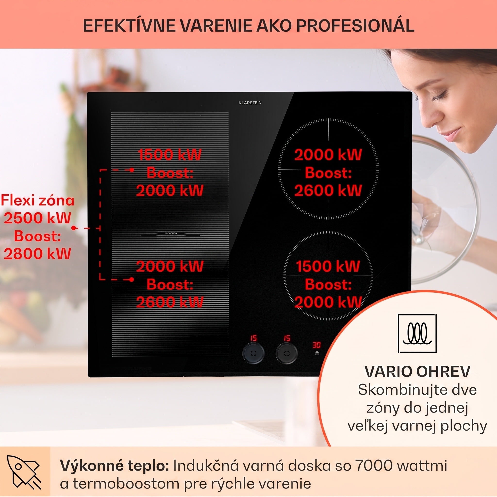 Klarstein Magnichef 4 Flex vstavaná indukčná varná doska 4 zóny / Flexzóna 7000W sklokeramika – Obrázok 3