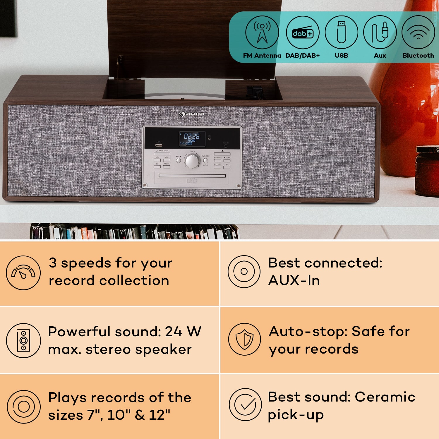 Auna Julie Ann, stereo systém, CD, BT, USB, DAB+/UKW, AUX-In – Obrázok 2