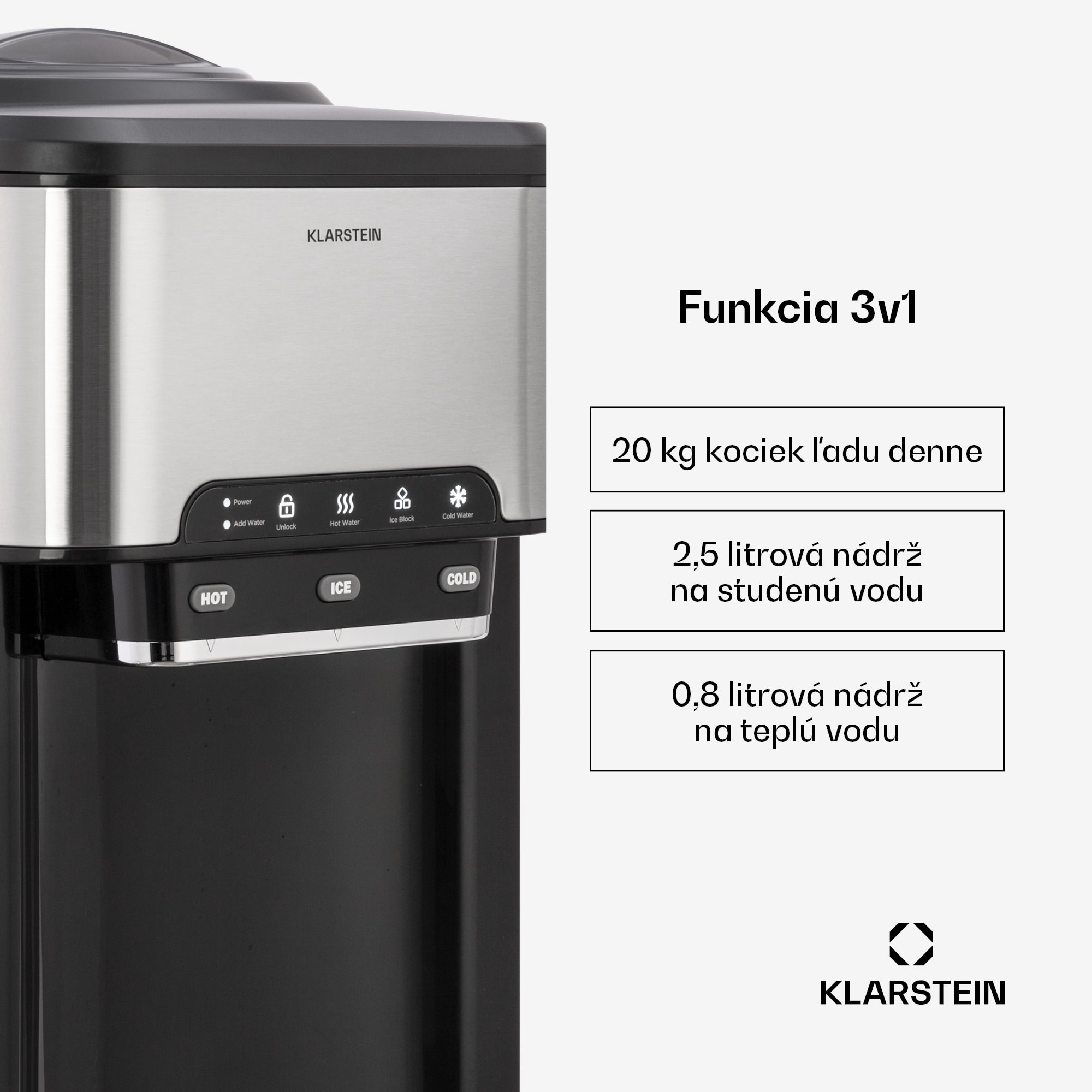 Klarstein Aqueous, výrobník ľadu 3 v 1, kocky ľadu, 20 kg/24h, dávkovač vody: horúca a studená – Obrázok 2