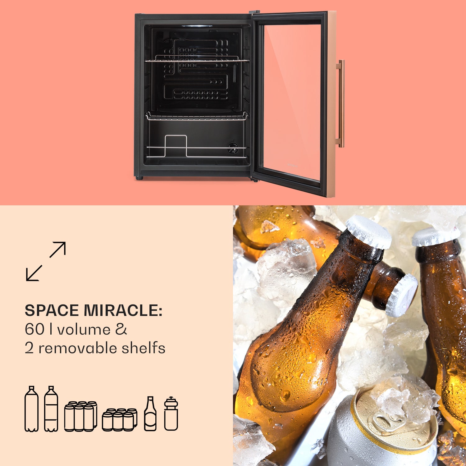 Klarstein Beersafe XL, chladnička, 60 l, 2 police, dvojitá izolácia panoramatických dvierok, nehrdzavejúca oceľ – Obrázok 5