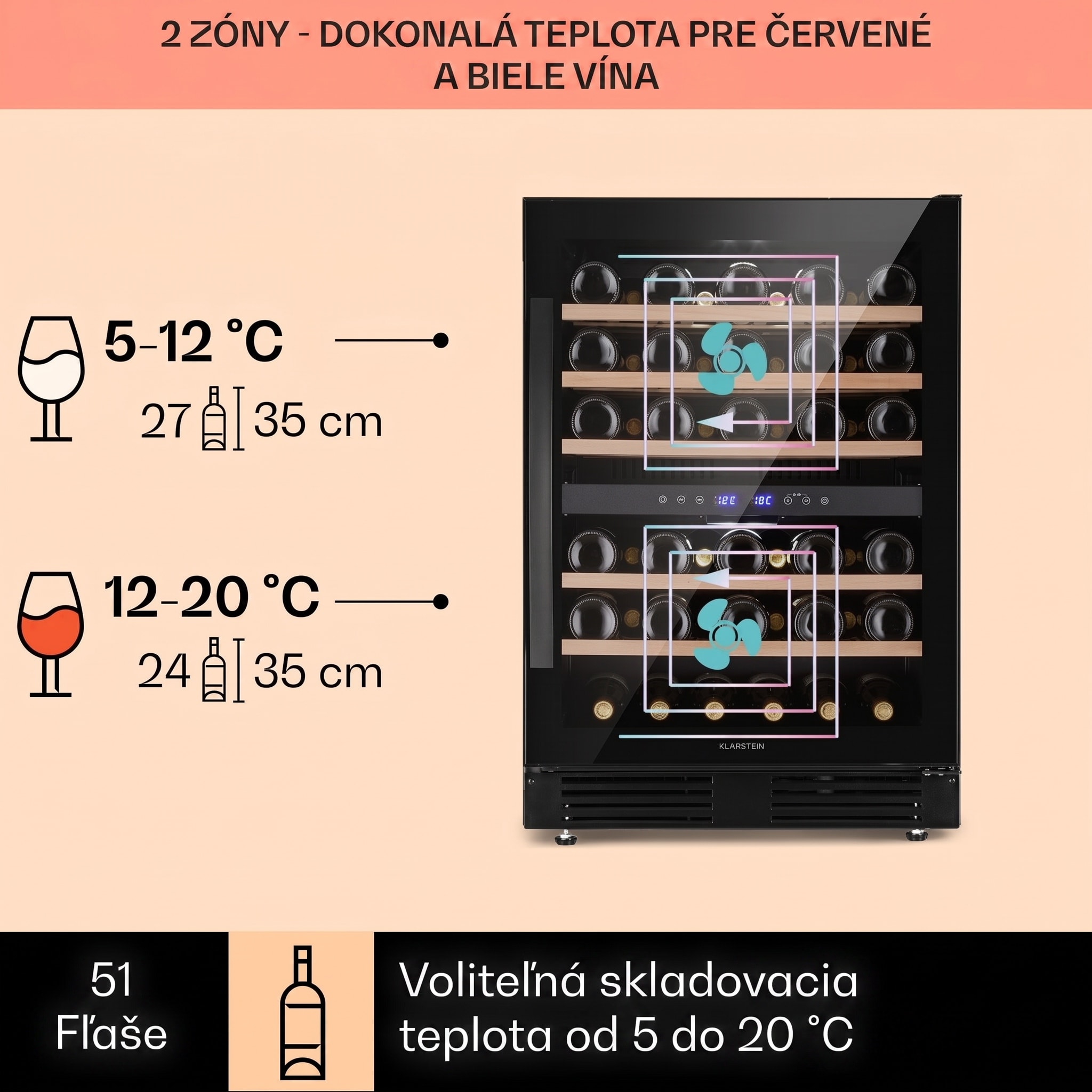 Klarstein Vinovilla 50 Duo dvojzónová vinotéka 153 l 51 fliaš 3-farebné sklenené dvere – Obrázok 3