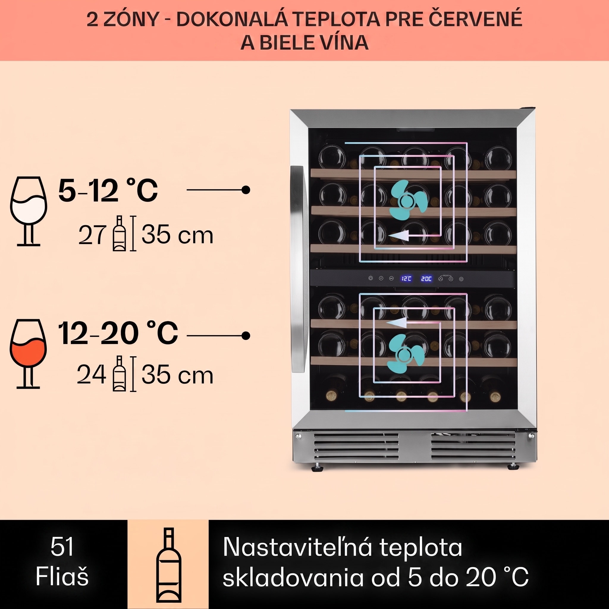 Klarstein Vinovilla 50 Duo dvojzónová vinotéka 153 l 51 fliaš 3-farebné sklenené dvere – Obrázok 3