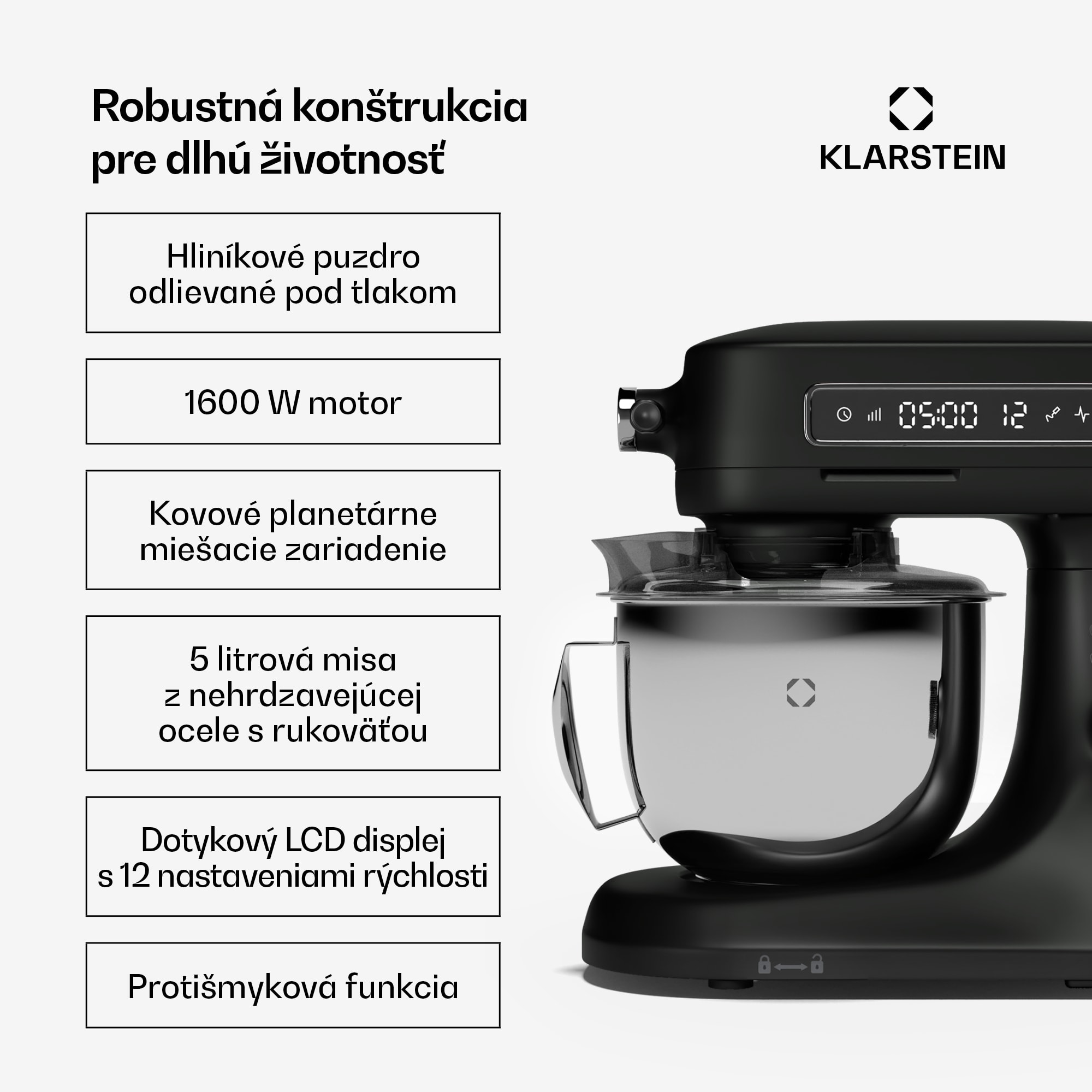 Klarstein Chiara kuchynský robot, 1600 W, 12 nastavení, misa z nehrdzavejúcej ocele, LCD displej, vrátane príslušenstva – Obrázok 2